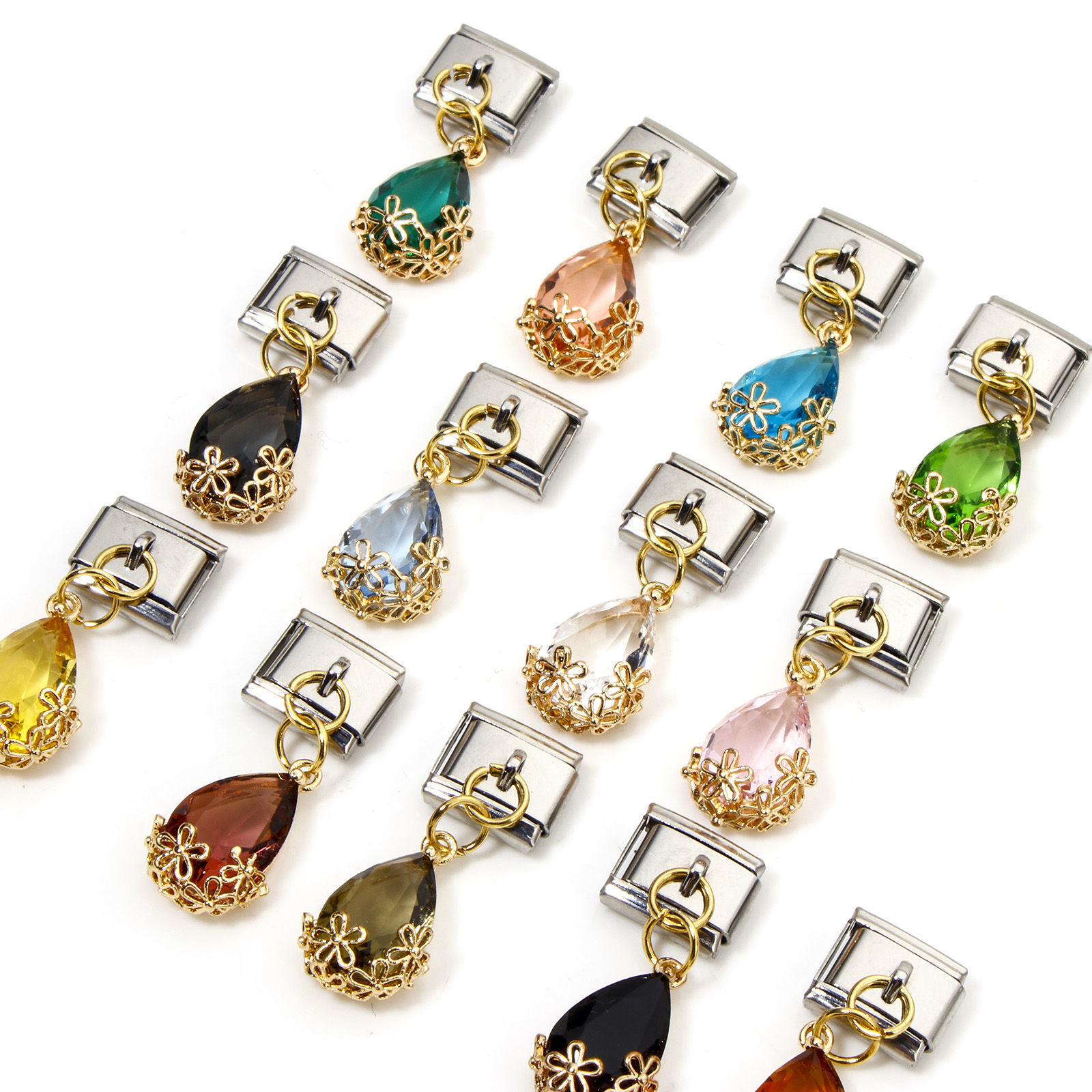Picture of Stainless Steel & Brass Italian Charm Links For DIY Bracelet Jewelry Making Gold Plated & Silver Tone Rectangle Drop 10mm x 9mm