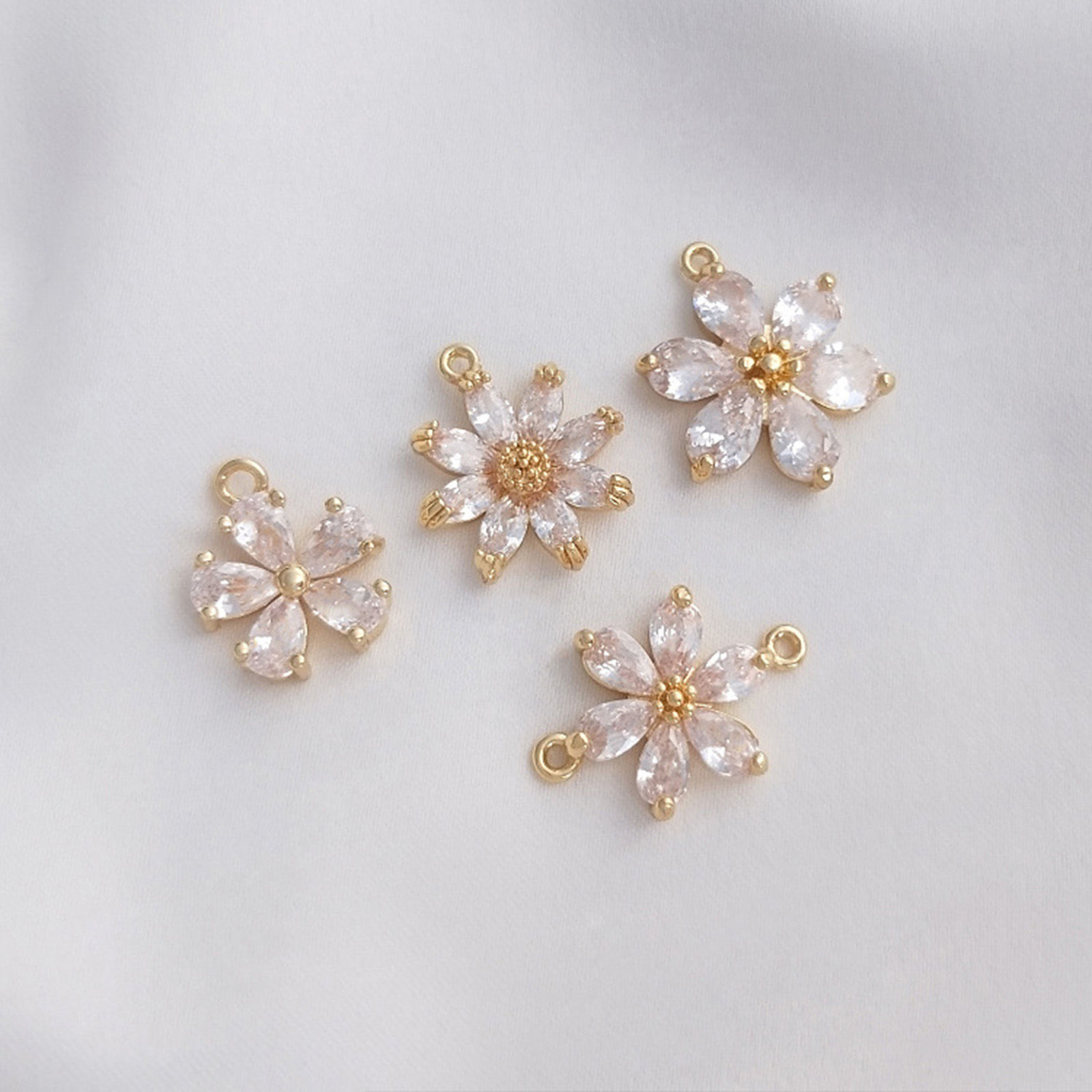 Picture of Eco-friendly Brass Charms 14K Real Gold Plated Flower Clear Cubic Zirconia