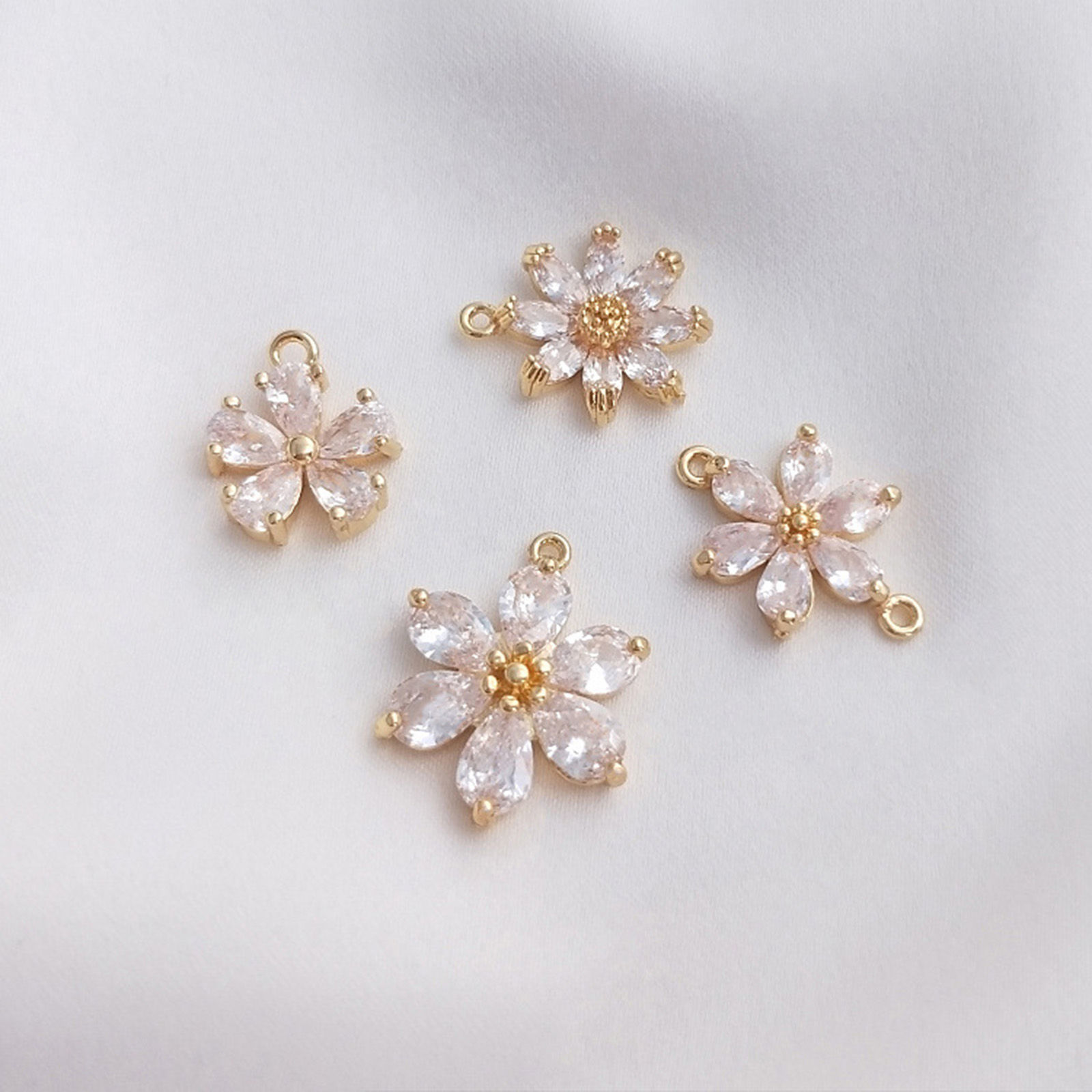 Picture of Eco-friendly Brass Charms 14K Real Gold Plated Flower Clear Cubic Zirconia