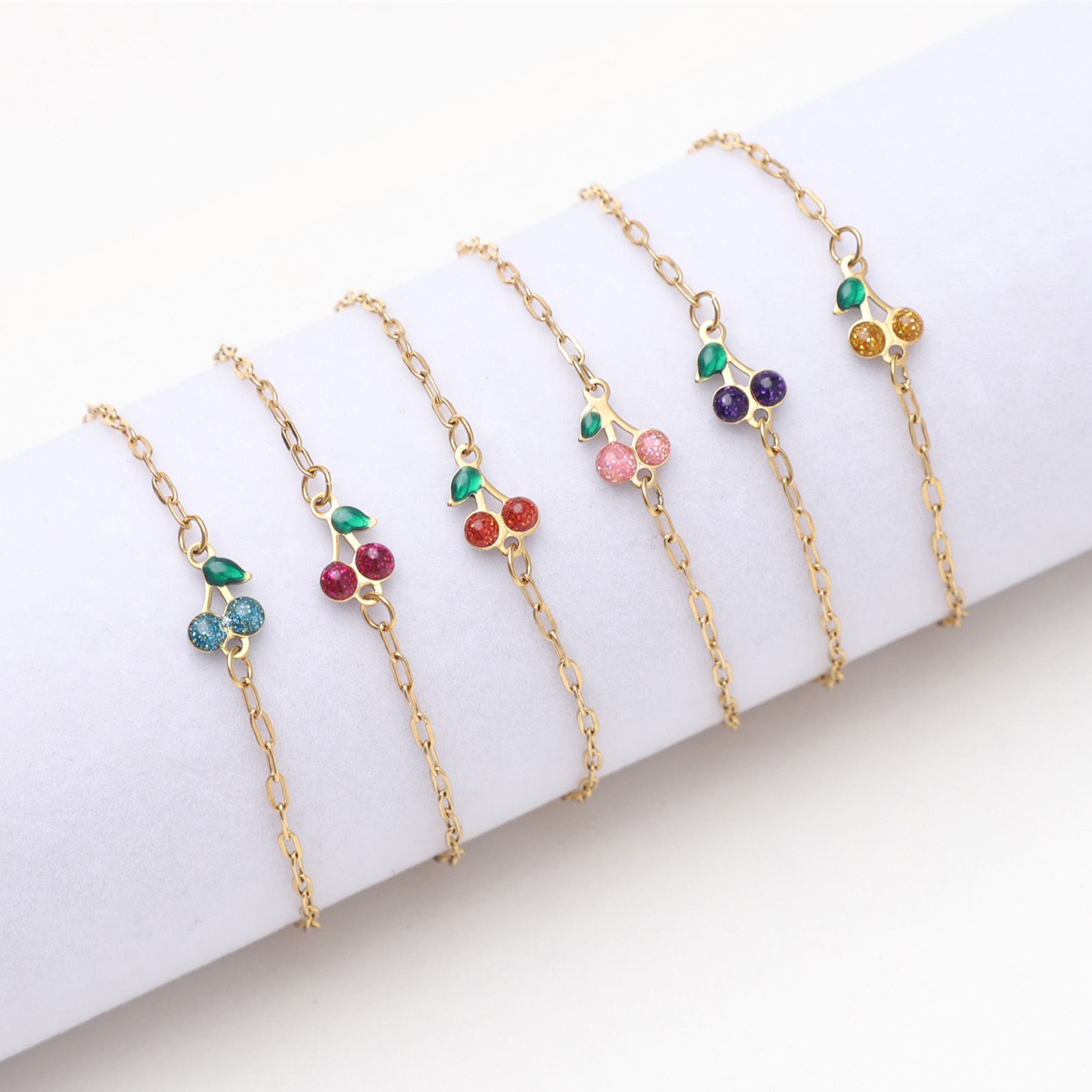 Imagen de 1 Unidad Enchapado al Vacío 304 Acero Inoxidable Estilo Ins Cable Cadena Cruz Pulseras Chapado en Oro Multicolor Cereza Esmalte