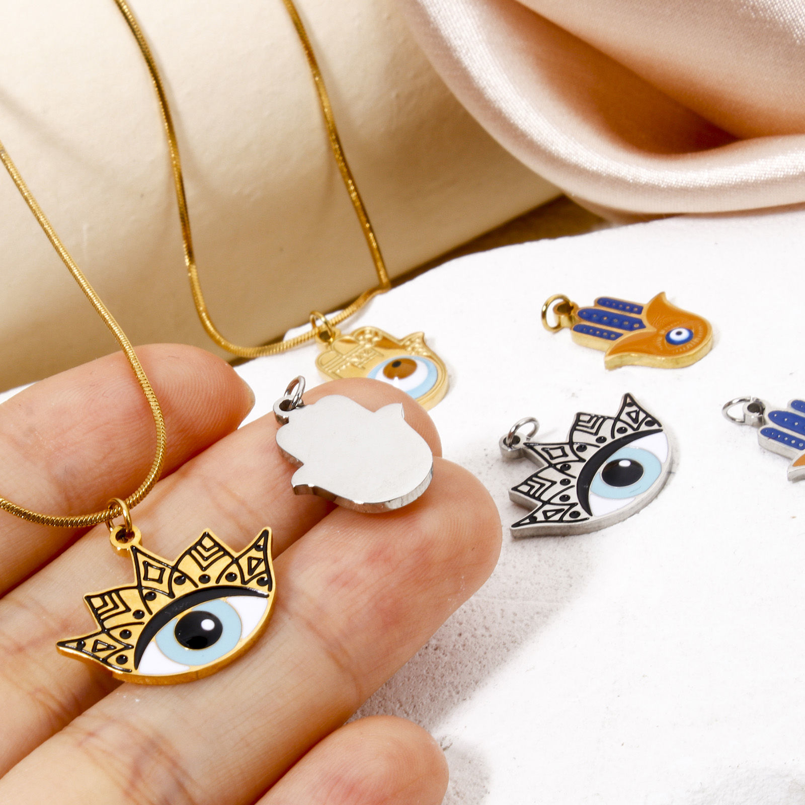 Picture of 304 Stainless Steel Charms Hamsa Symbol Hand Eye With Jump Ring