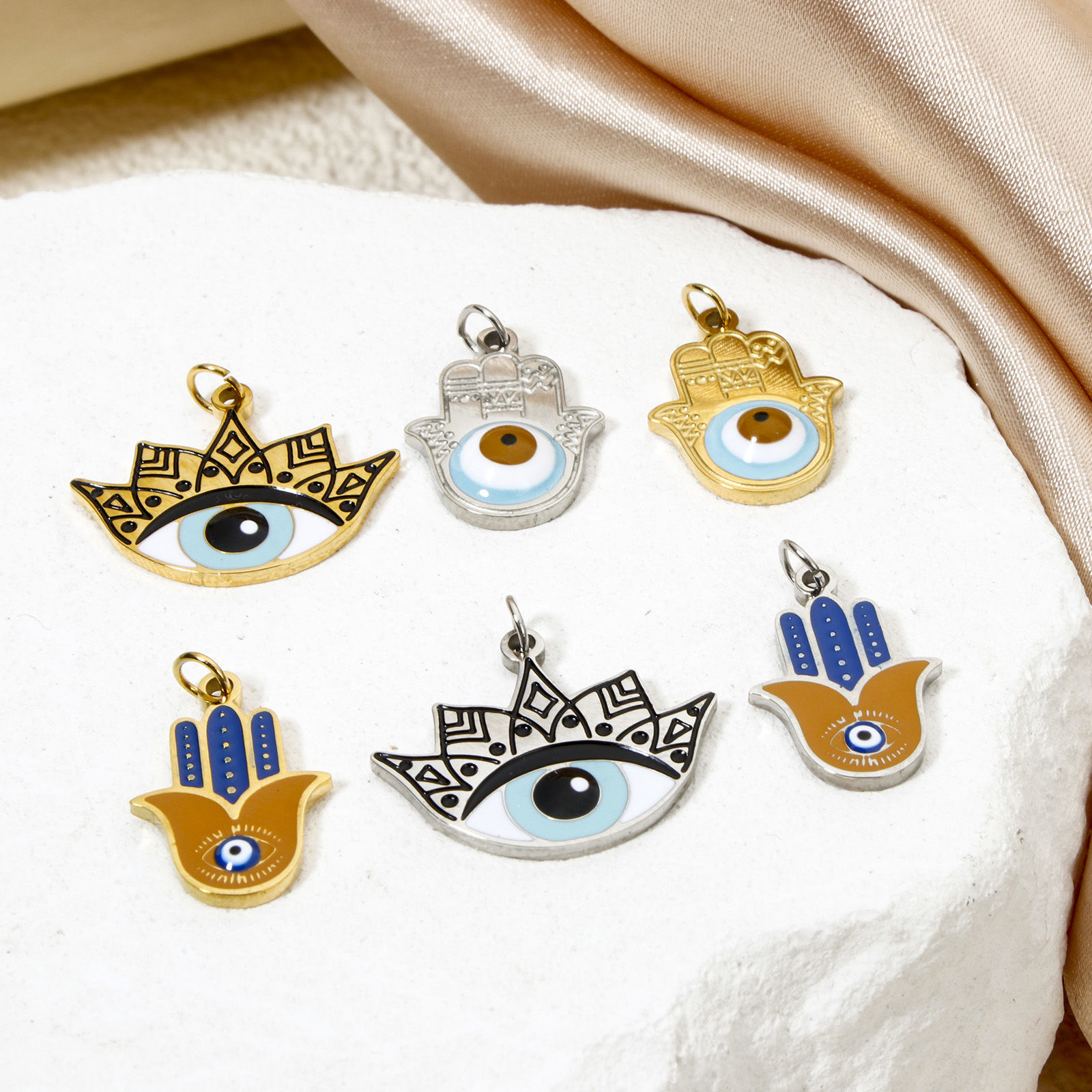 Picture of 304 Stainless Steel Charms Hamsa Symbol Hand Eye With Jump Ring