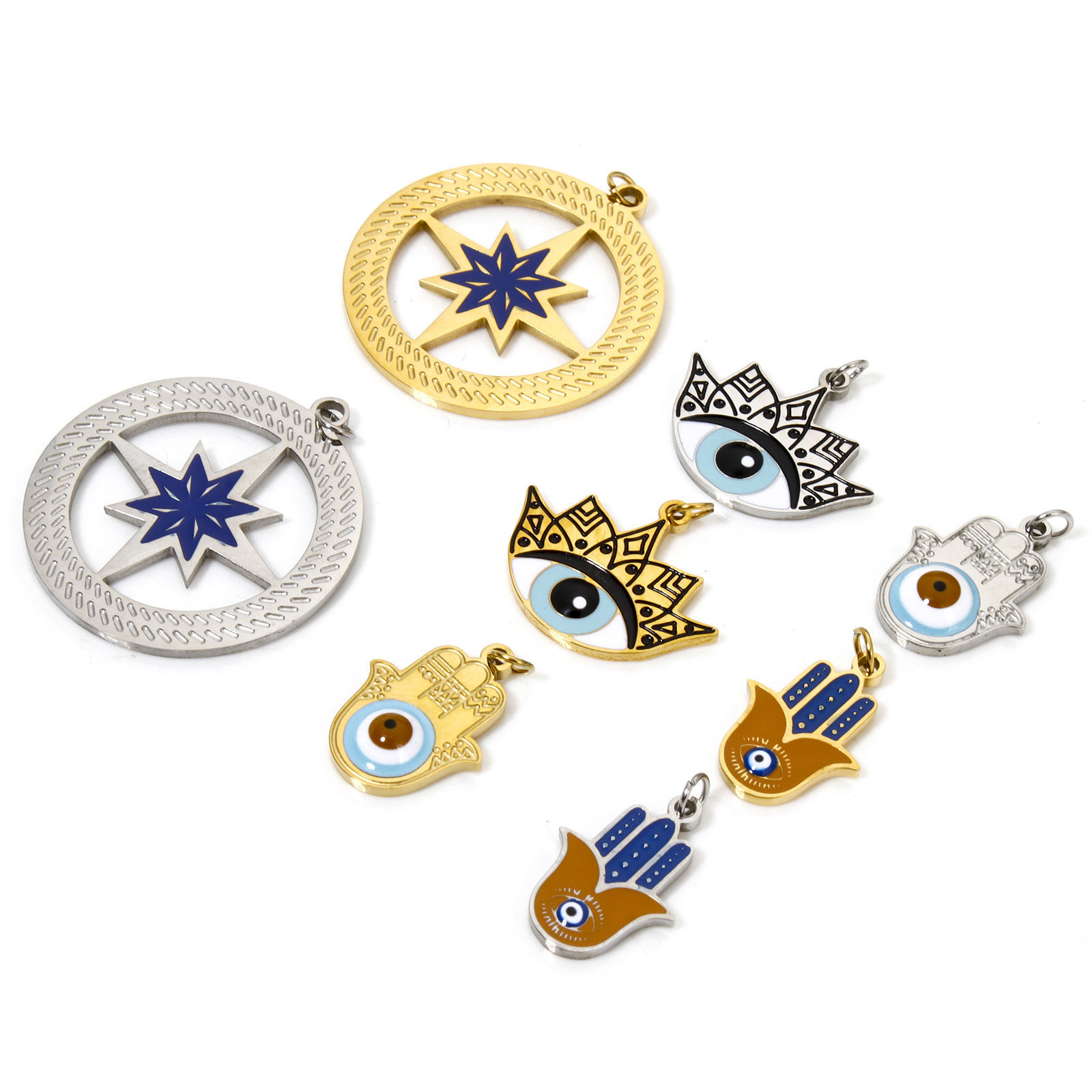 Picture of 304 Stainless Steel Charms Hamsa Symbol Hand Eye With Jump Ring