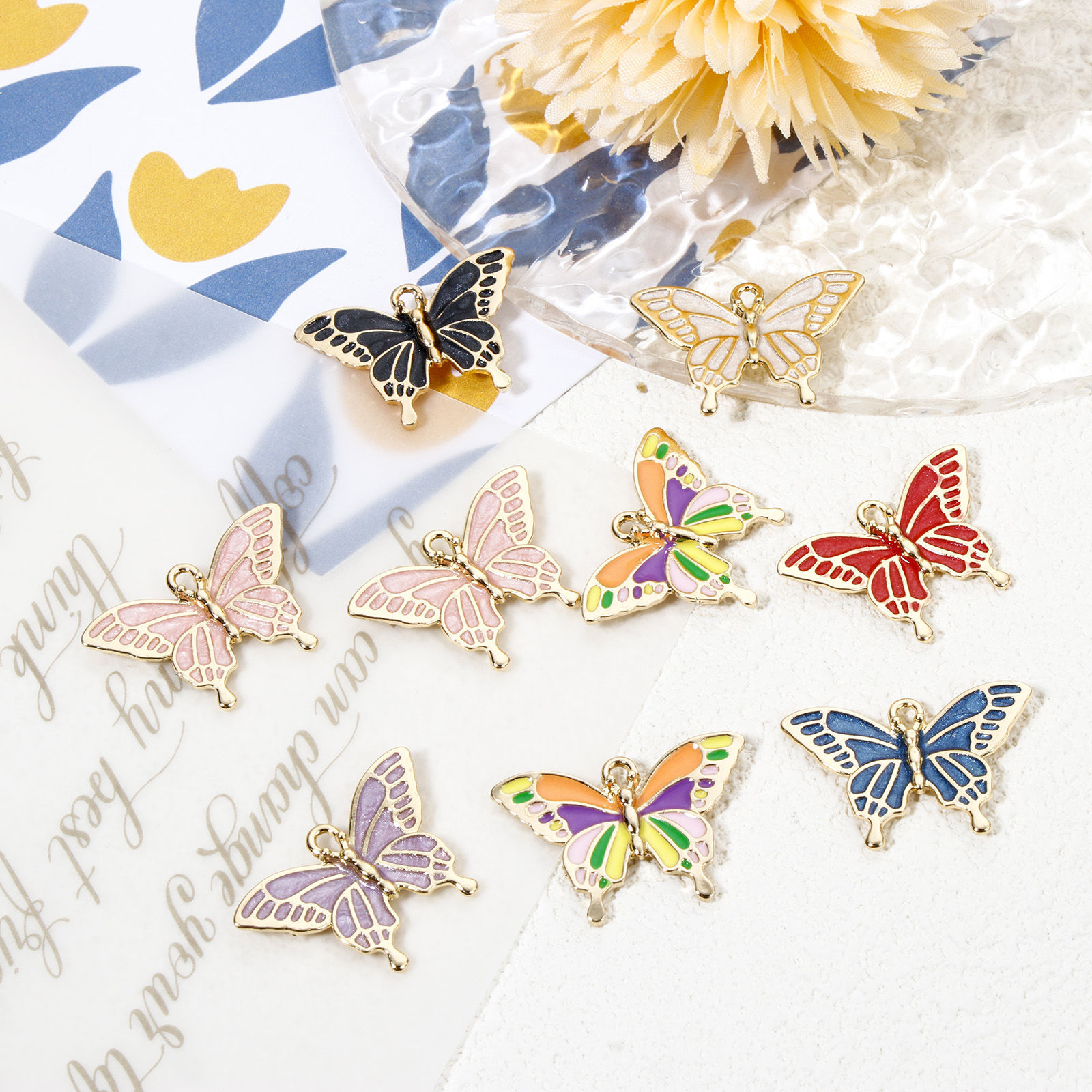 Bild von 10 Stück Zinklegierung Charms Vergoldet Bunt Schmetterling Emaille 29mm x 19mm