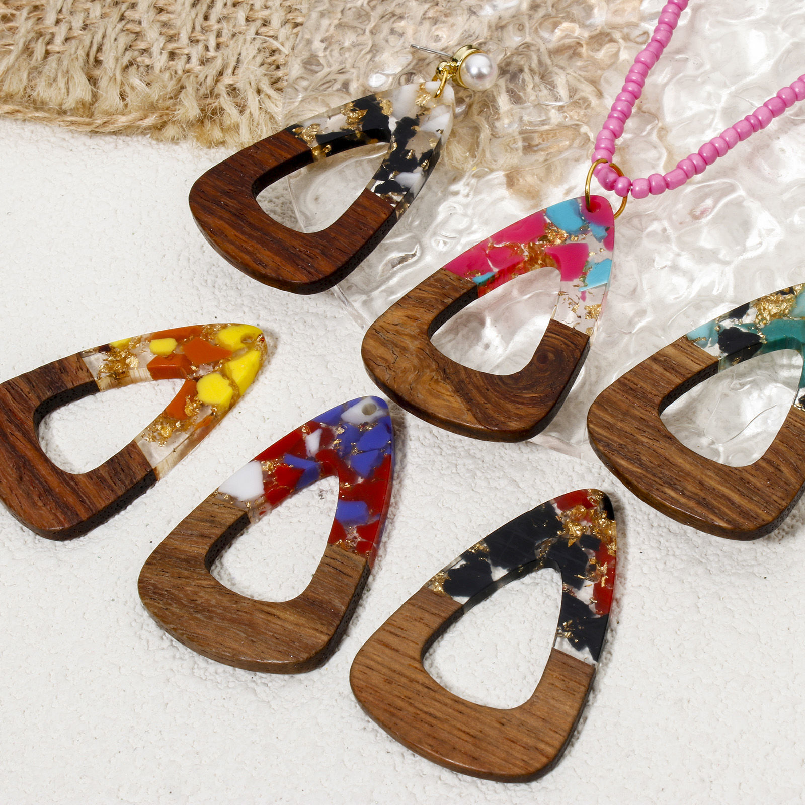 Imagen de 2 Unidades Madera+Resina Resina de Efecto Madera Colgantes Multicolor Gota Astillas de Grava 4.5cm x 3cm