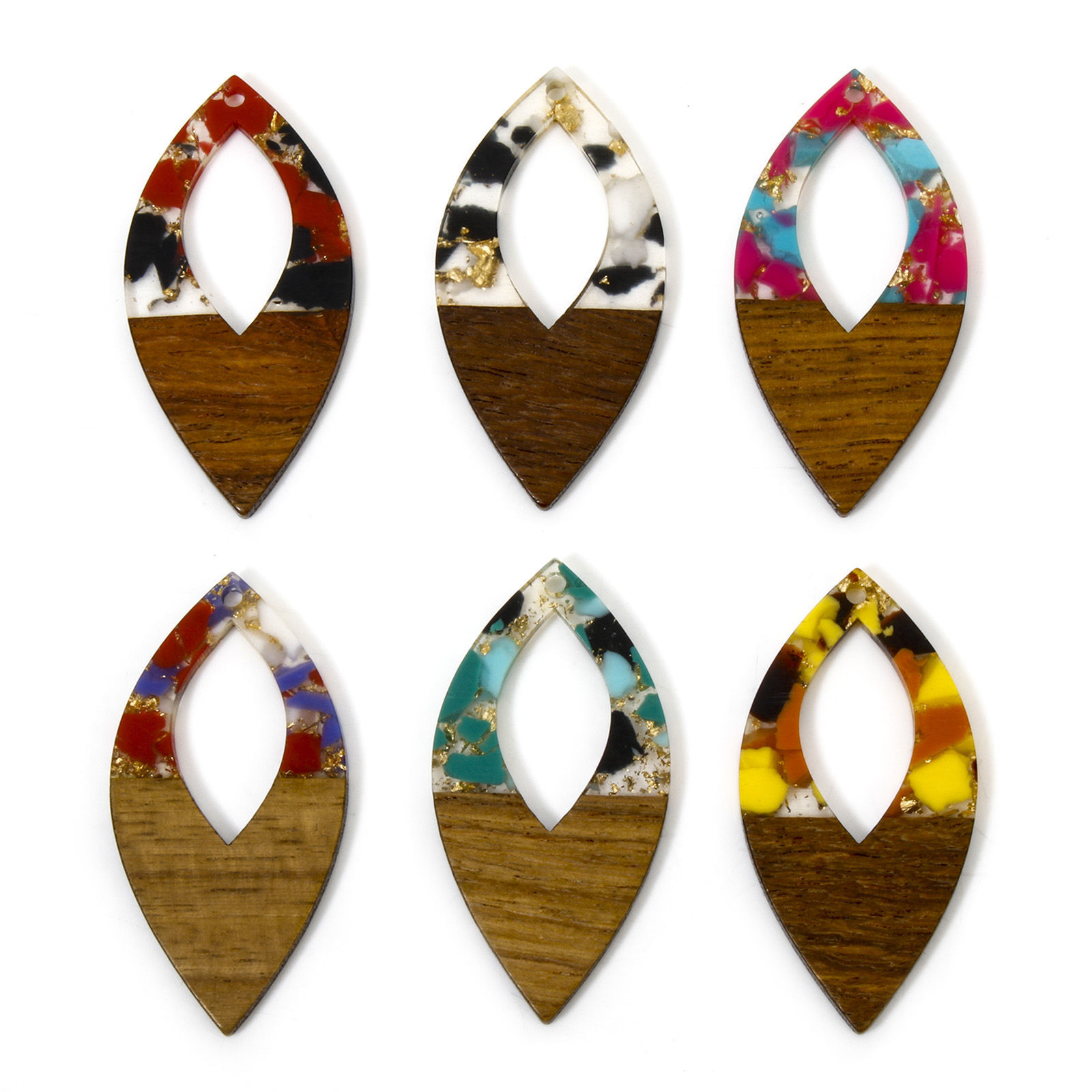 Picture of Resin & Natural Wood Effect Resin Pendants Multicolor Marquise Gravels Chips 4.8cm x 2.4cm