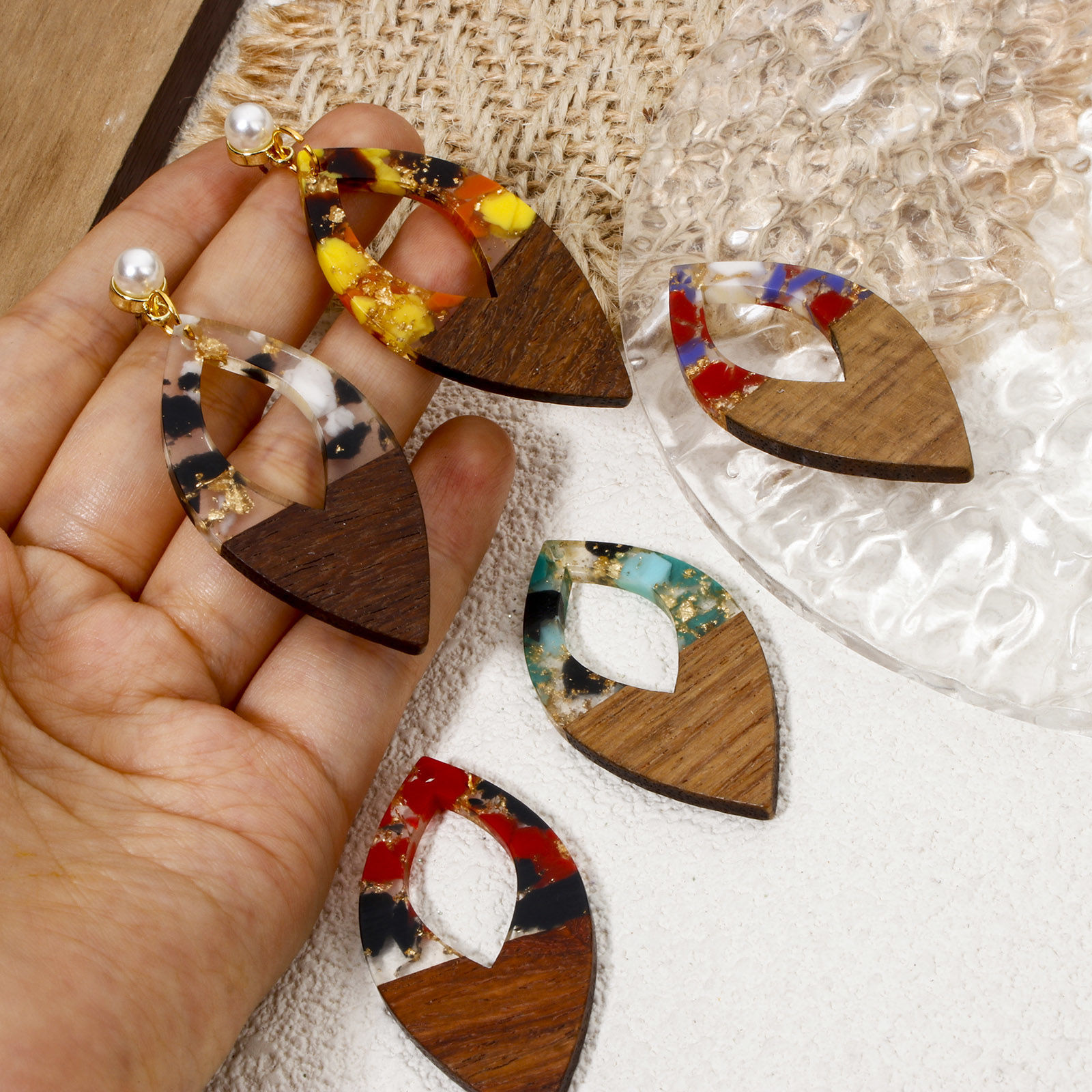 Picture of Resin & Natural Wood Effect Resin Pendants Multicolor Marquise Gravels Chips 4.8cm x 2.4cm