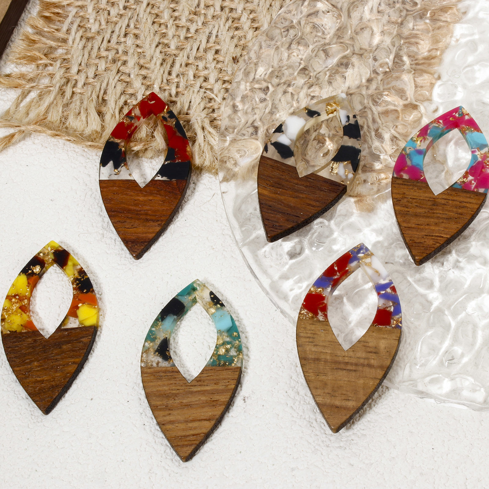 Picture of Resin & Natural Wood Effect Resin Pendants Multicolor Marquise Gravels Chips 4.8cm x 2.4cm