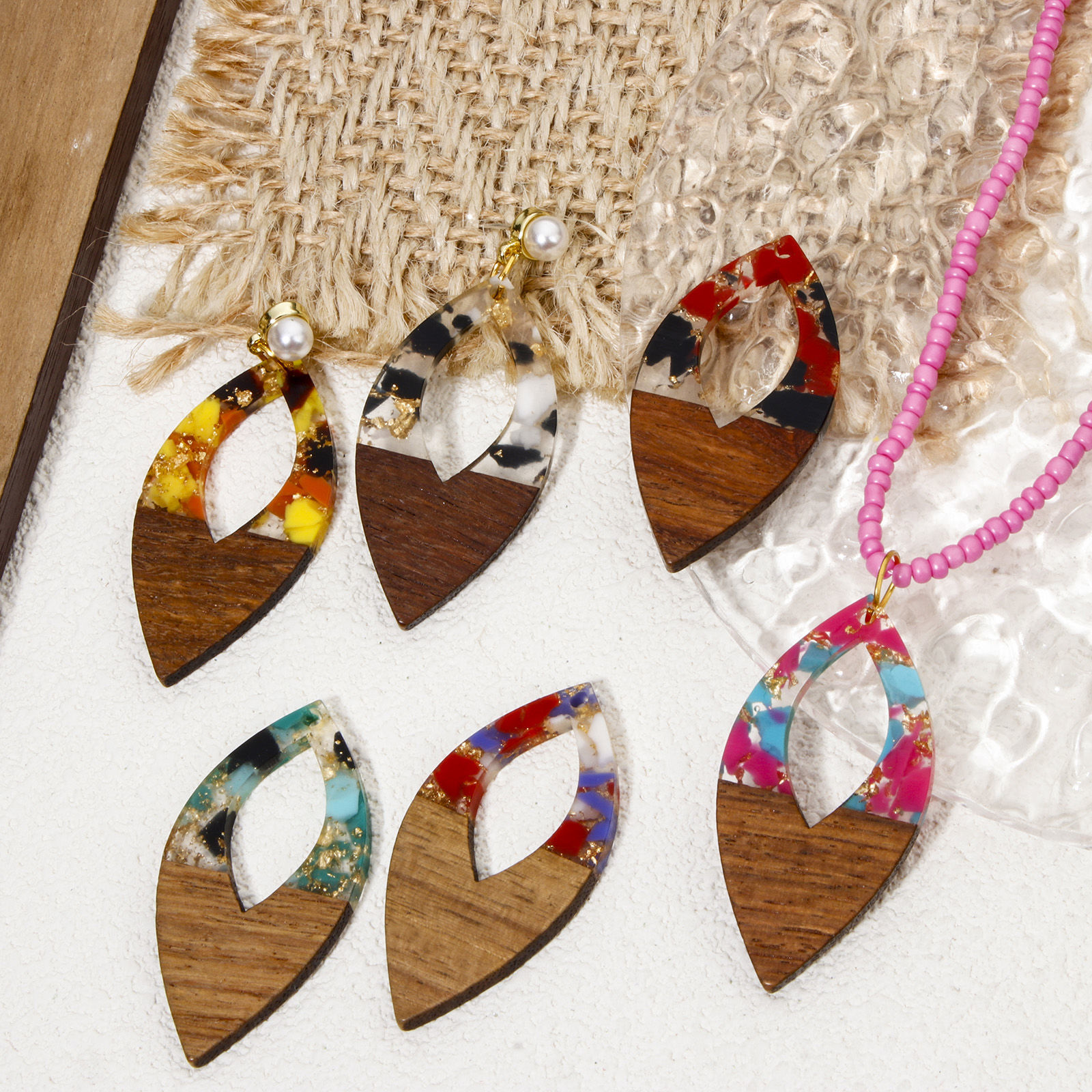 Picture of Resin & Natural Wood Effect Resin Pendants Multicolor Marquise Gravels Chips 4.8cm x 2.4cm