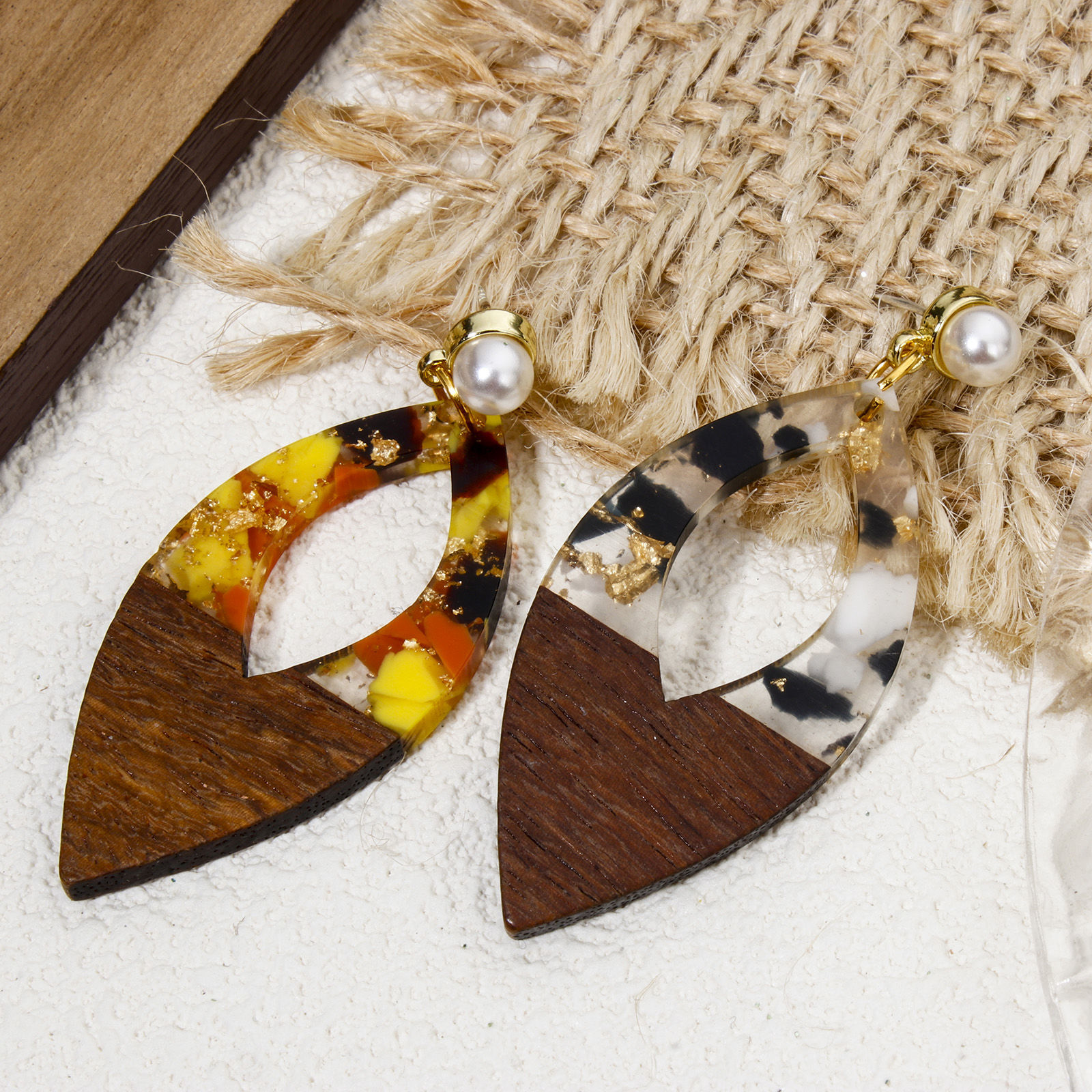 Picture of Resin & Natural Wood Effect Resin Pendants Multicolor Marquise Gravels Chips 4.8cm x 2.4cm