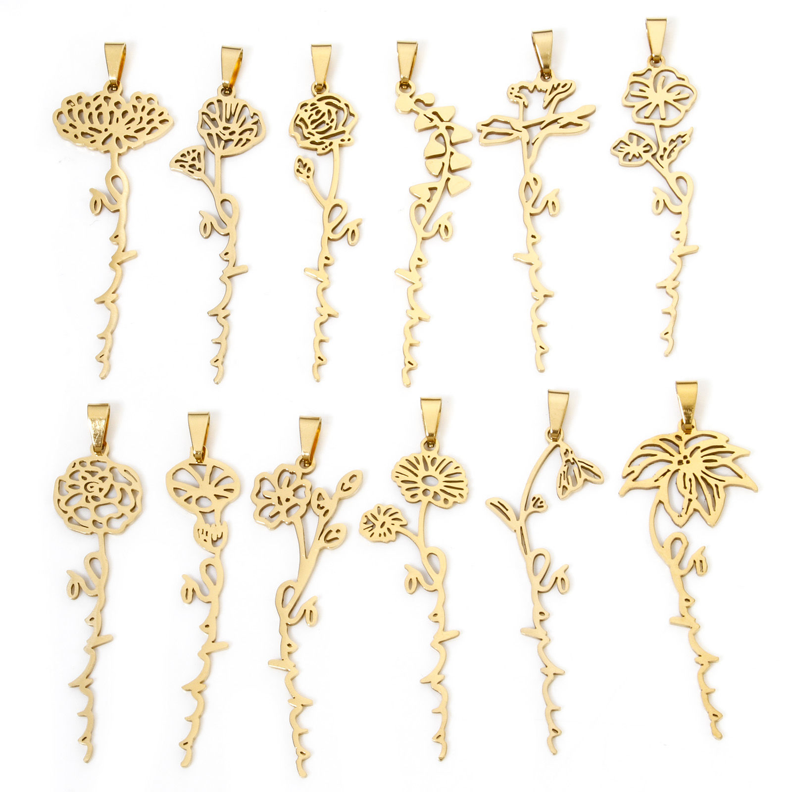 Picture of Vacuum Plating 201 Stainless Steel Birth Month Flower Pendants Gold Plated Hollow