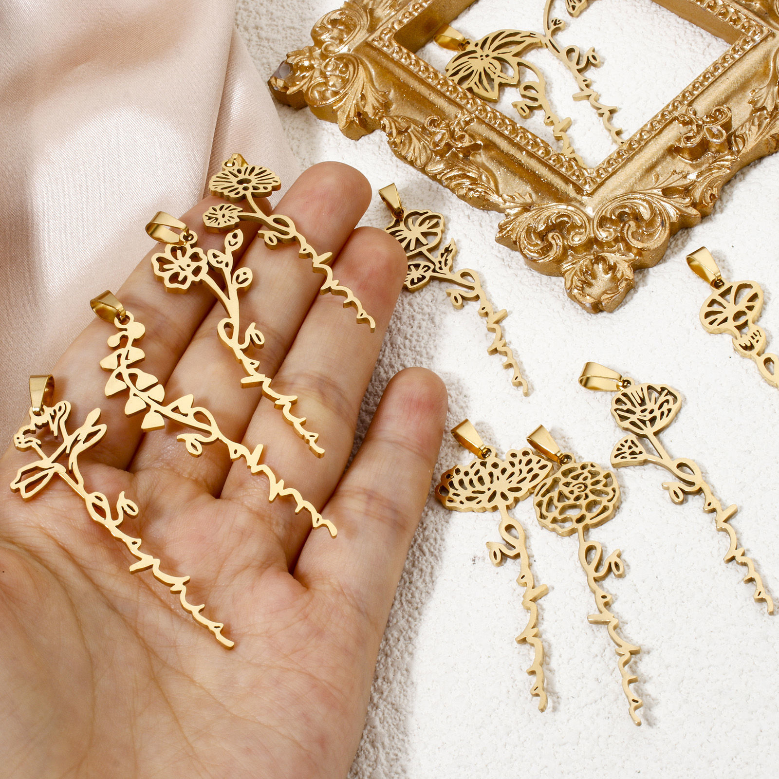 Picture of Vacuum Plating 201 Stainless Steel Birth Month Flower Pendants Gold Plated Hollow