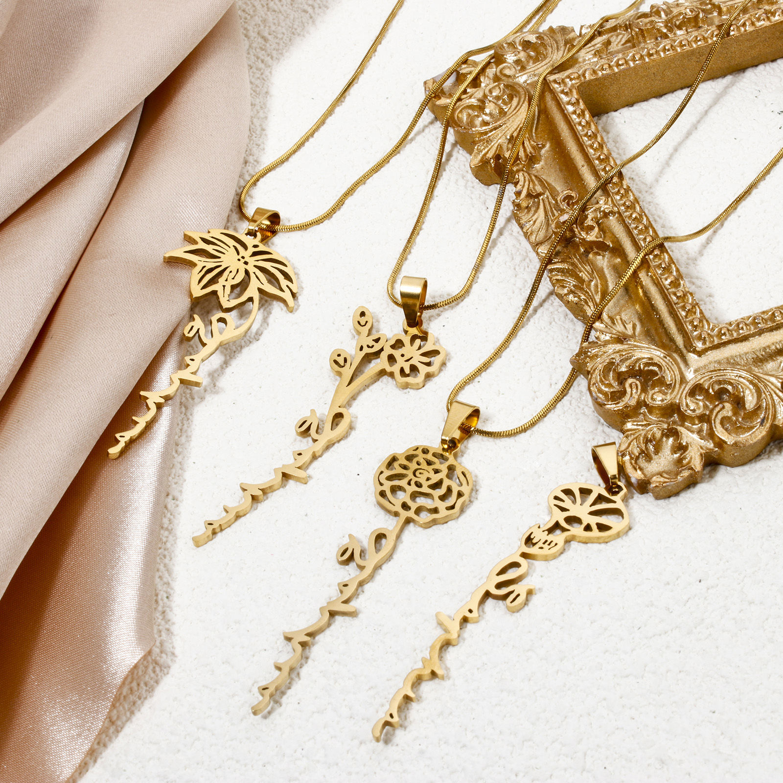 Picture of Vacuum Plating 201 Stainless Steel Birth Month Flower Pendants Gold Plated Hollow