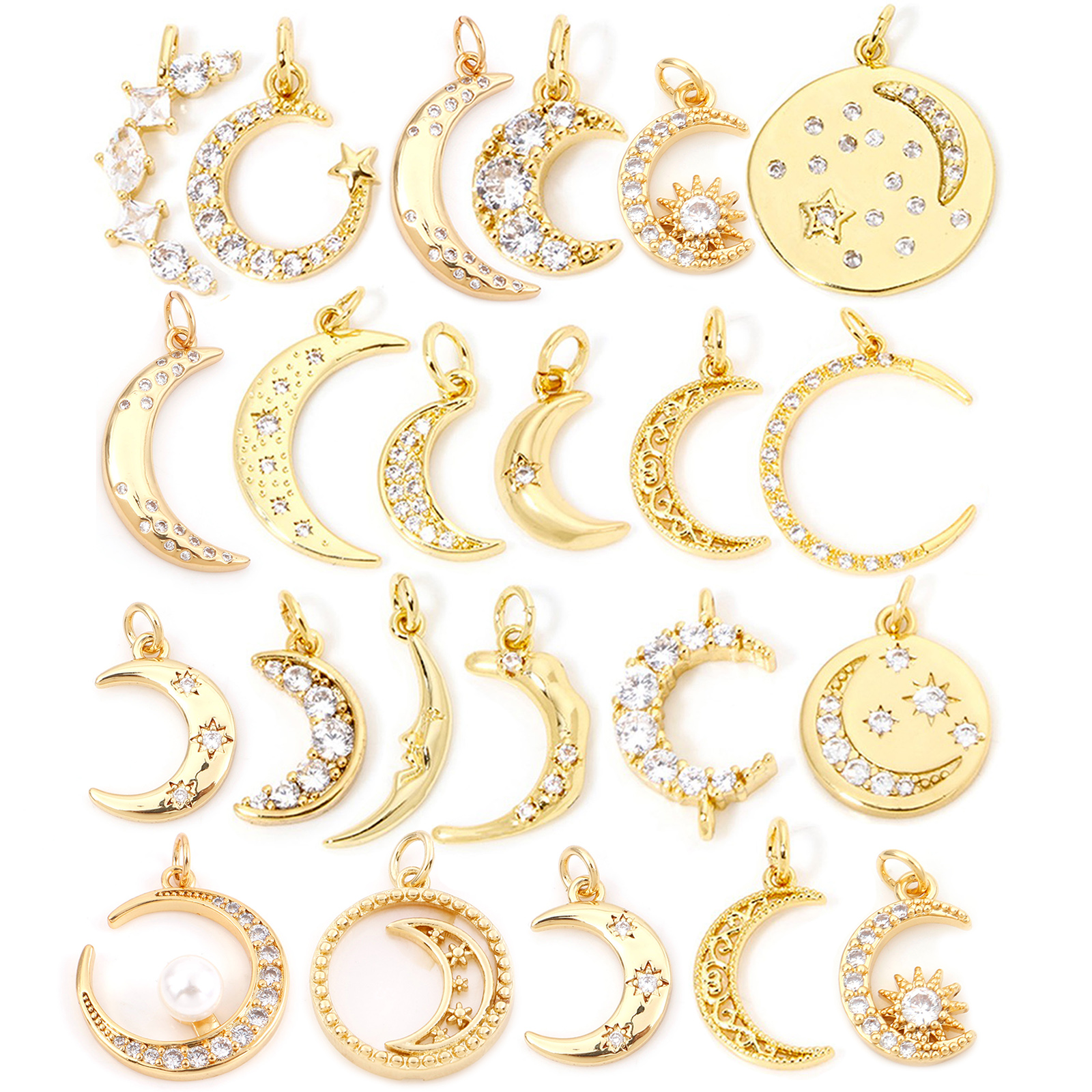Picture of Eco-friendly Brass Galaxy Charms 18K Real Gold Plated Half Moon Clear Cubic Zirconia