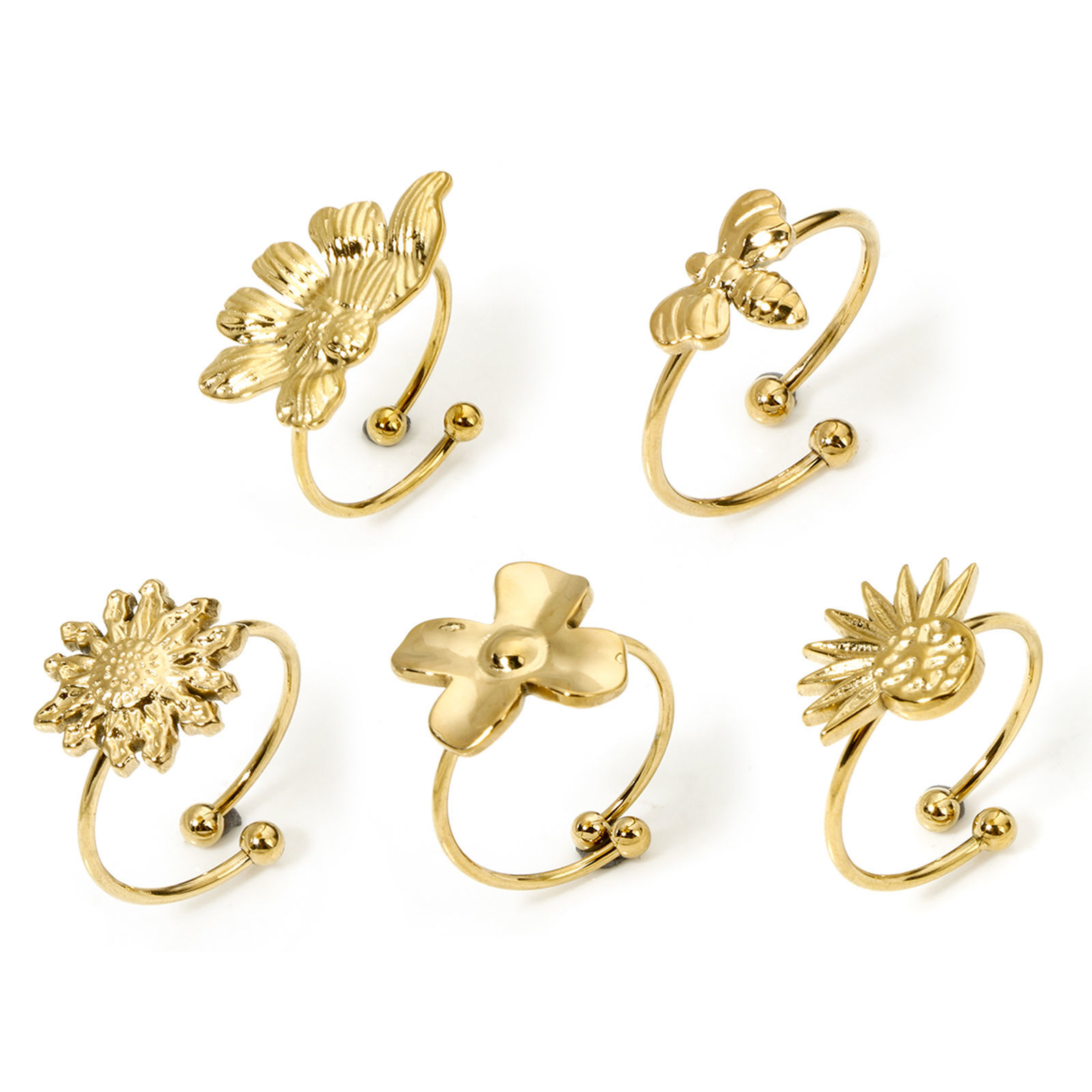 Изображение 1 ШТ вакуумное покрытие 304 Нержавеющая Сталь Открытые Регулируемые Кольца 18K позолоченный Цветок Листья 17.7мм(Американский Размер 7.5)