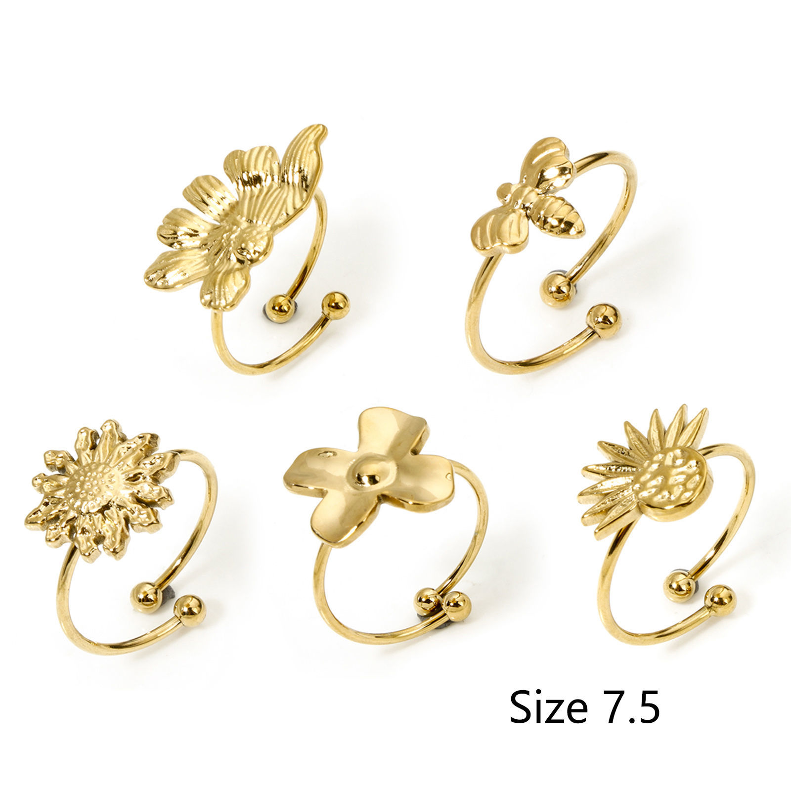 Изображение 1 ШТ вакуумное покрытие 304 Нержавеющая Сталь Открытые Регулируемые Кольца 18K позолоченный Цветок Листья 17.7мм(Американский Размер 7.5)