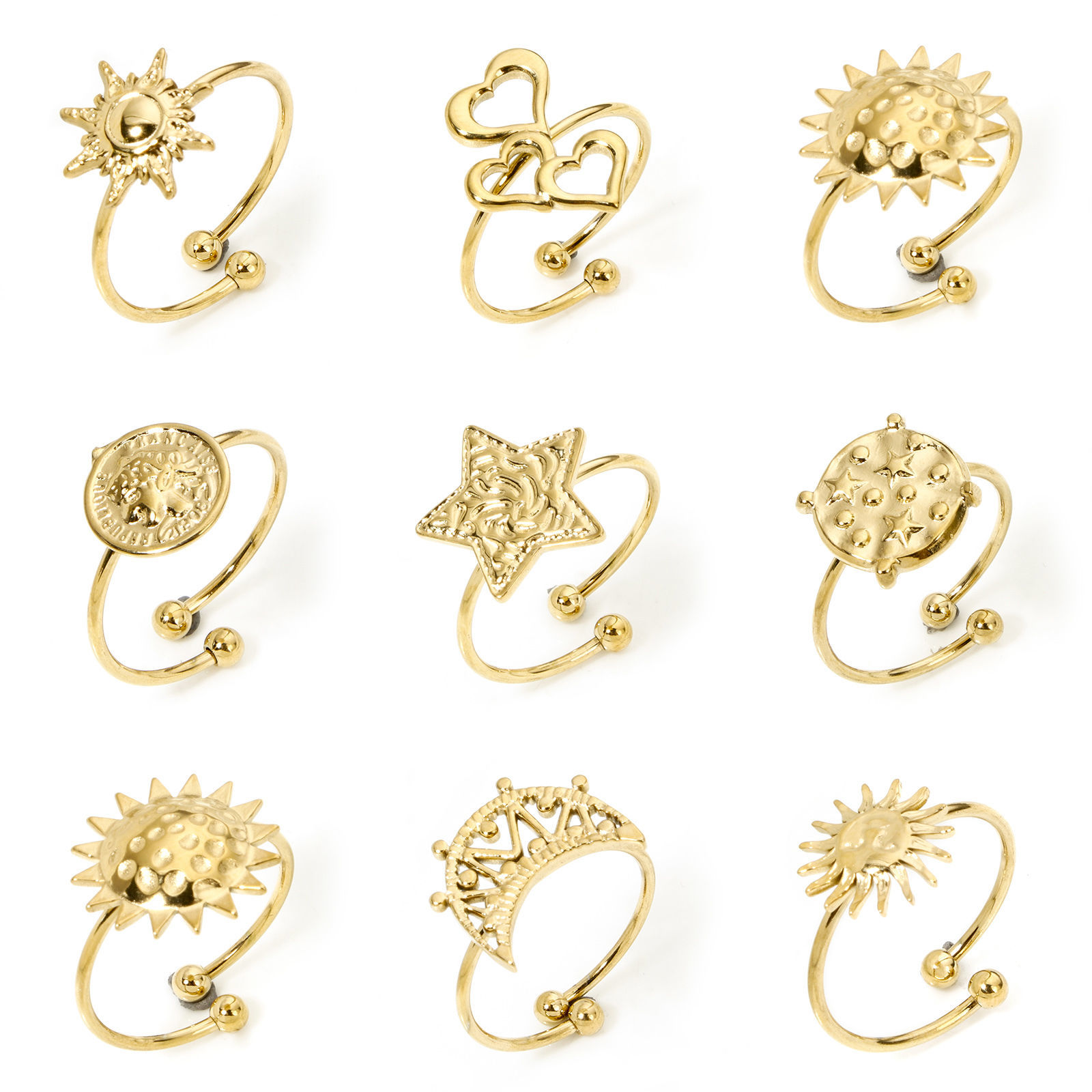 Picture of Vacuum Plating 304 Stainless Steel Open Adjustable Rings 18K Gold Plated Sun 17.7mm(US Size 7.5)