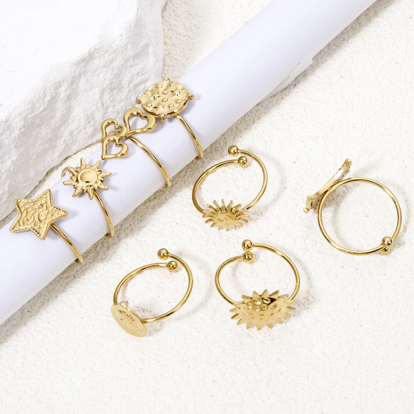 Picture of Vacuum Plating 304 Stainless Steel Open Adjustable Rings 18K Gold Plated Sun 17.7mm(US Size 7.5)
