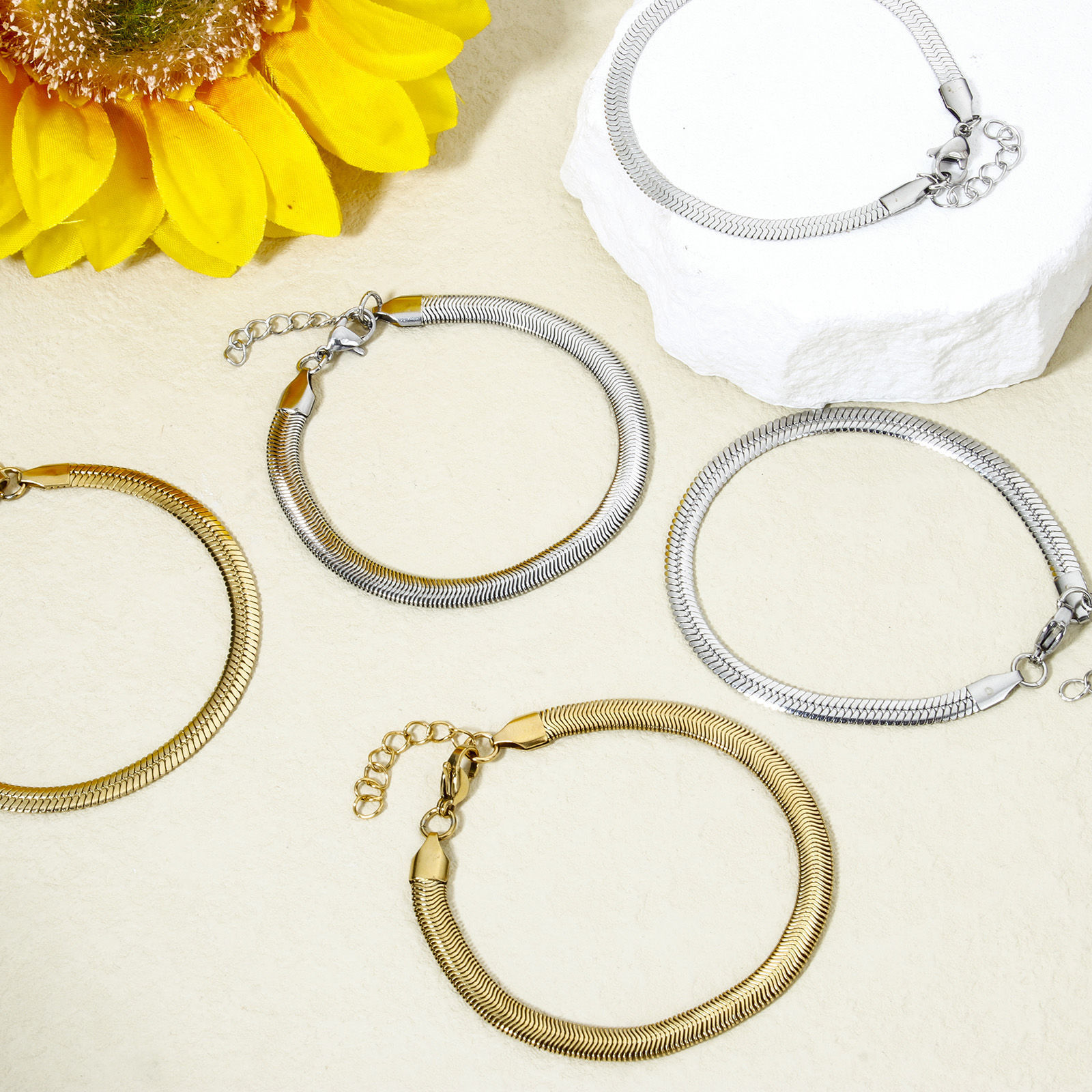 Picture of 304 Stainless Steel Flat Snake Chain Bracelets