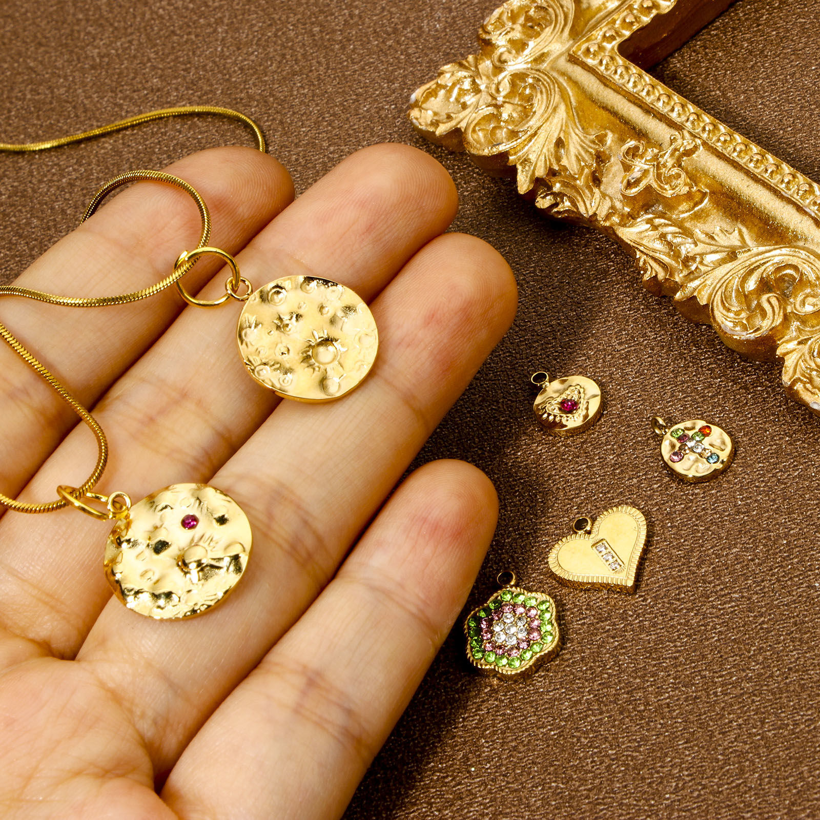 Picture of Vacuum Plating 304 Stainless Steel Galaxy Charms Gold Plated Round Universe Planet Multicolor Rhinestone