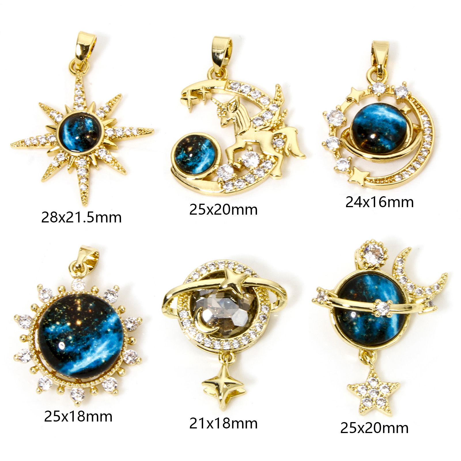 Picture of 1 Piece Brass Galaxy Charms Real Gold Plated Multicolor With Glass Cabochons