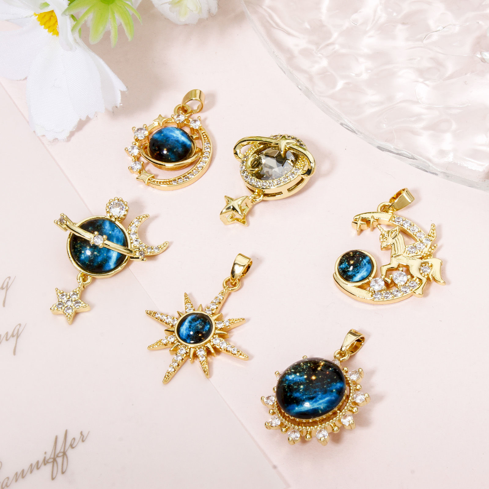 Picture of 1 Piece Brass Galaxy Charms Real Gold Plated Multicolor With Glass Cabochons
