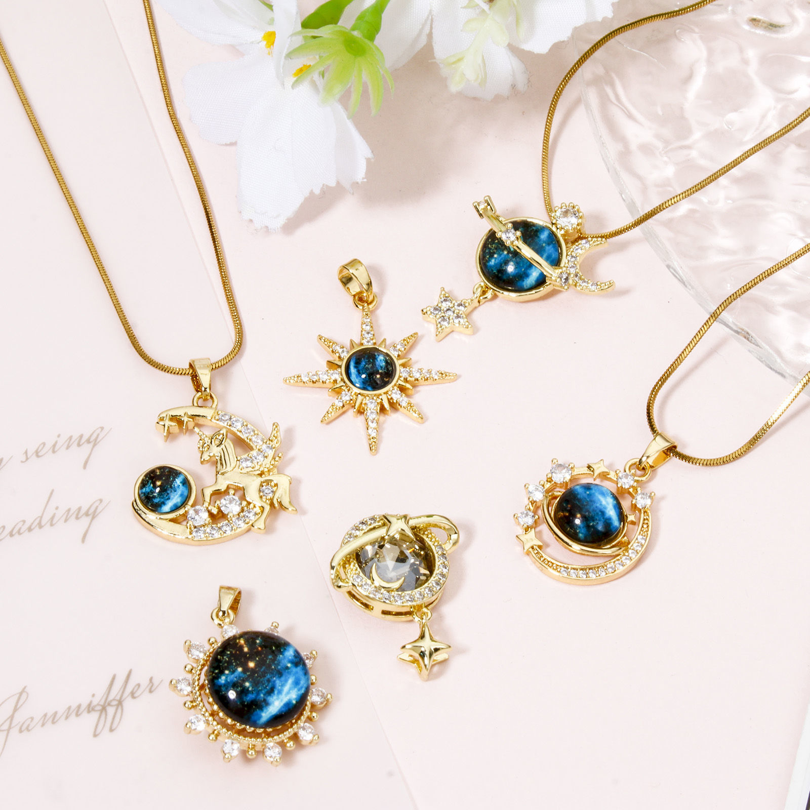 Picture of 1 Piece Brass Galaxy Charms Real Gold Plated Multicolor With Glass Cabochons