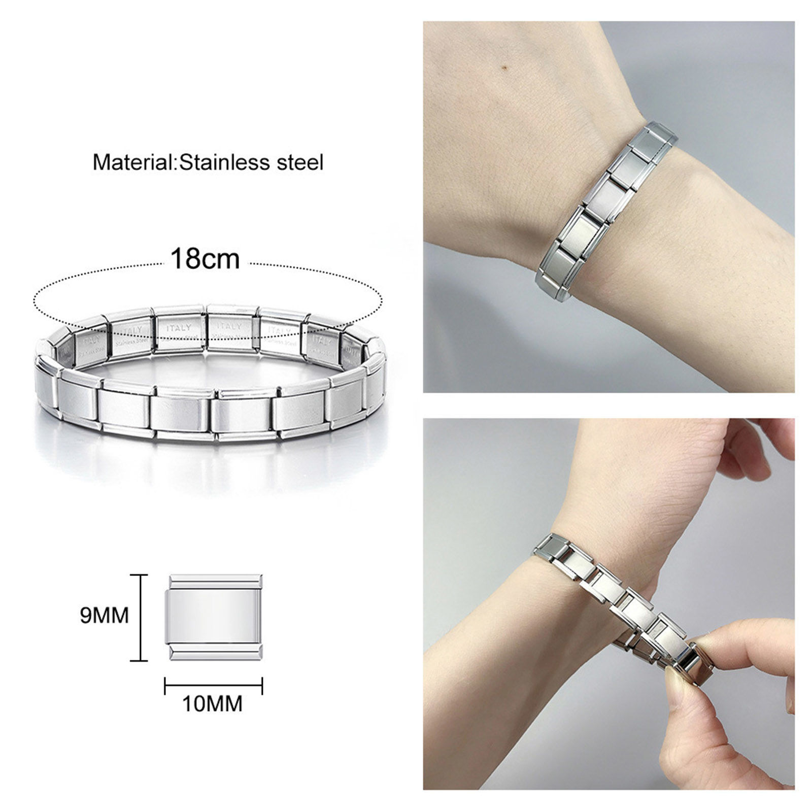 Picture of 5 PCs 304 Stainless Steel Italian Charm Links For DIY Bracelet Jewelry Making Gold Plated & Silver Tone Rectangle Initial Alphabet/ Capital Letter 10mm x 9mm