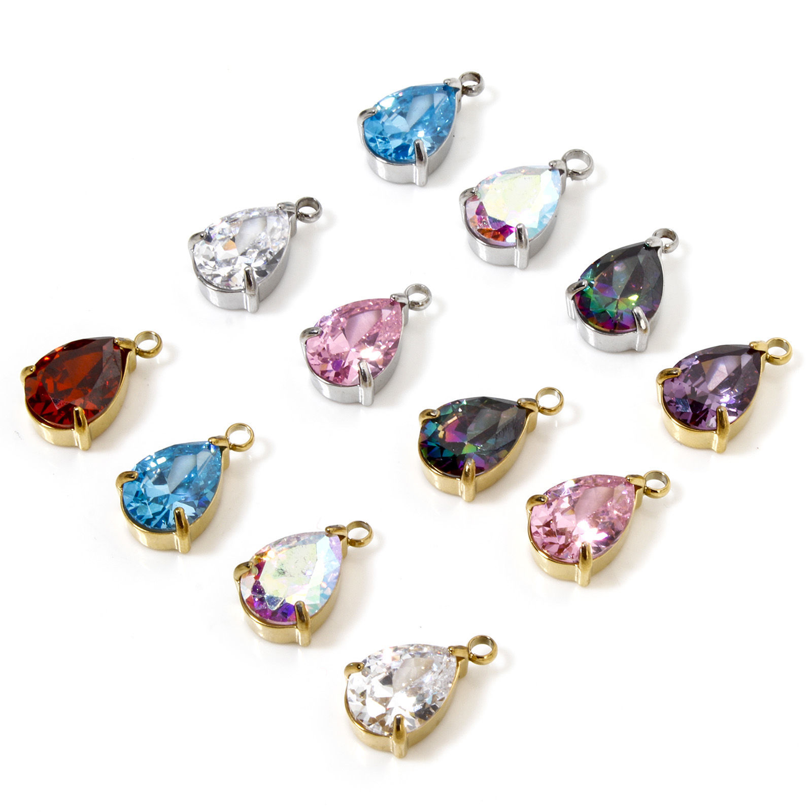 Bild von 1 Stück 304 Edelstahl Charms Tropfen mit Zirkon 13mm x 8mm