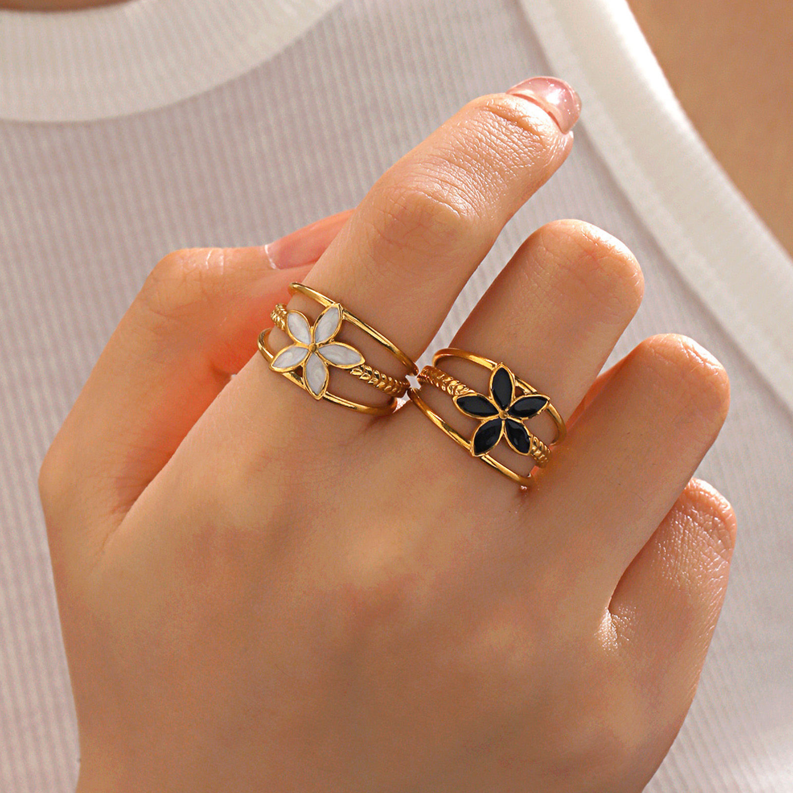 Picture of Vacuum Plating Stylish Ins Style 18K Gold Plated Multicolor 304 Stainless Steel Open Flower Enamel Rings For Women Party
