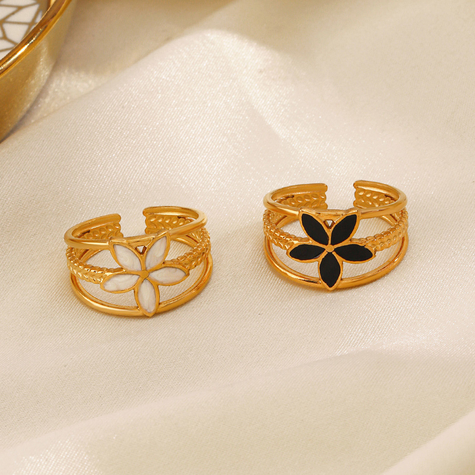 Picture of Vacuum Plating Stylish Ins Style 18K Gold Plated Multicolor 304 Stainless Steel Open Flower Enamel Rings For Women Party