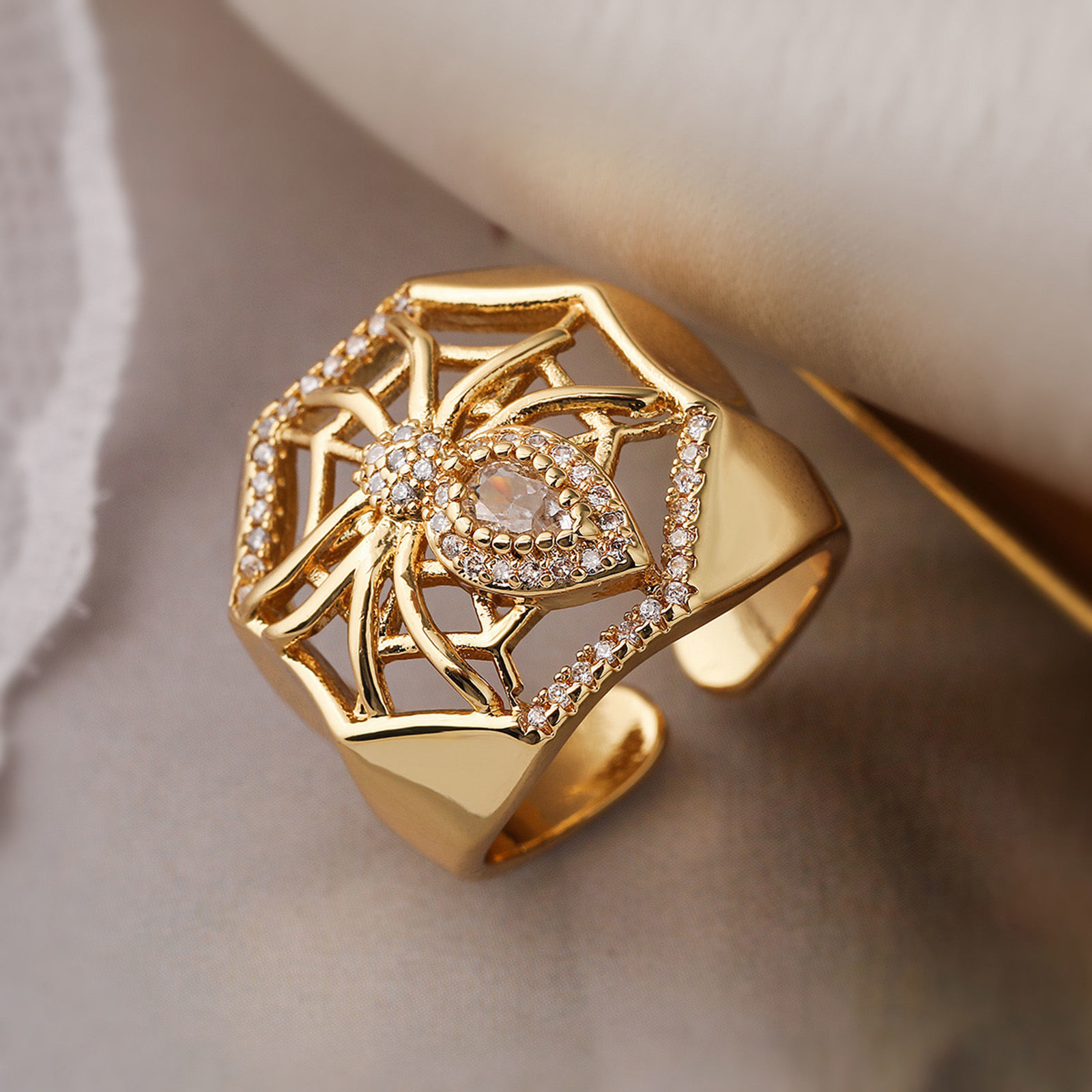 Picture of Hypoallergenic Stylish Retro 18K Gold Plated Brass & Cubic Zirconia Open Halloween Spider Animal Halloween Cobweb Hollow Rings For Women Party