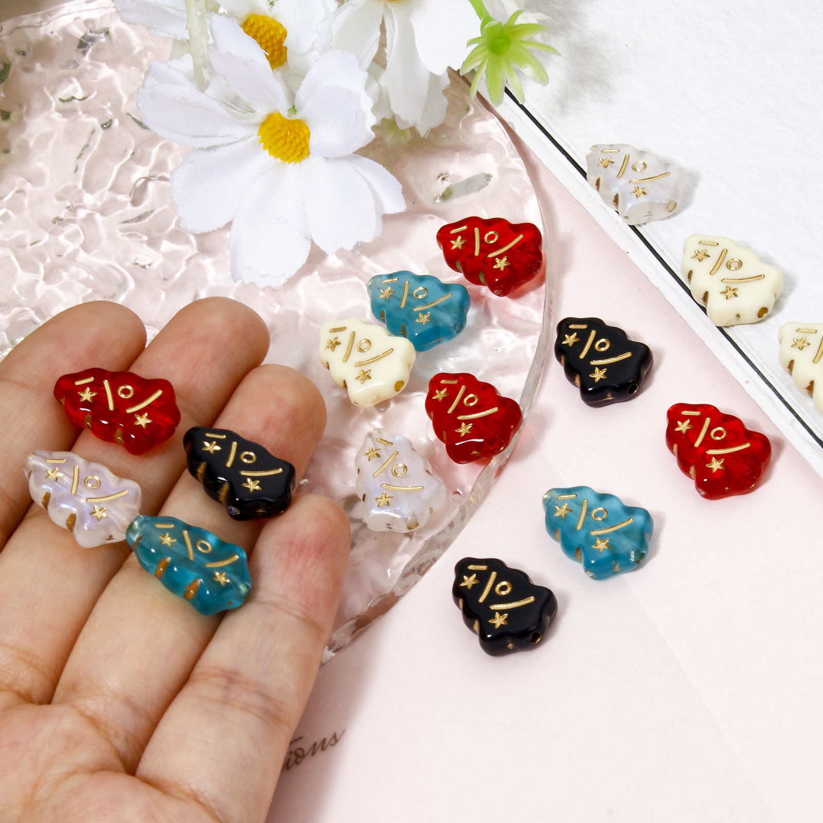 Imagen de 100 Unidades Acrílico Retro Cuentas Para Hacer Joyas De Bricolaje Multicolor Árbol de Navidad Estrella 17mm x 12mm, Agujero: Aprox 1.4mm