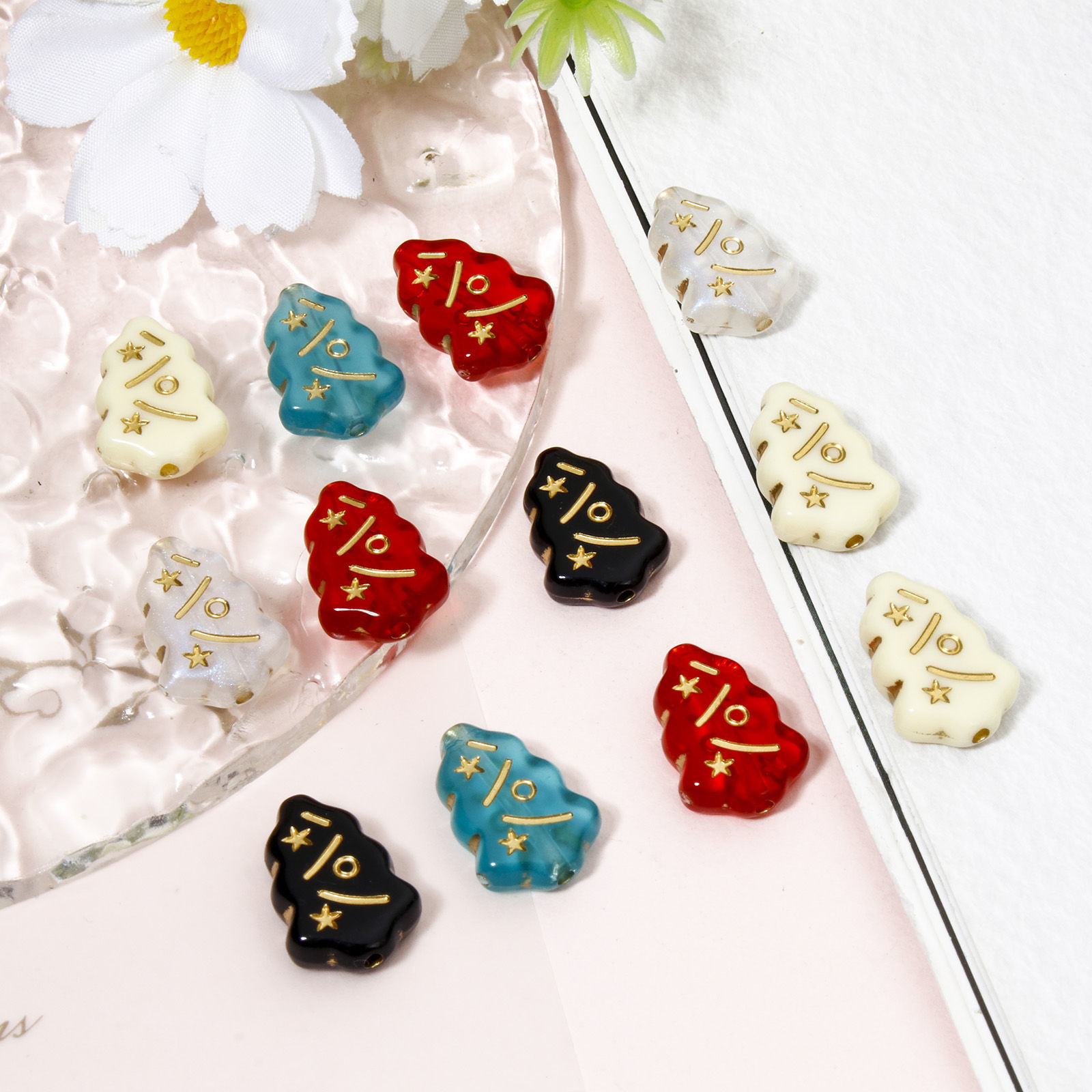 Imagen de 100 Unidades Acrílico Retro Cuentas Para Hacer Joyas De Bricolaje Multicolor Árbol de Navidad Estrella 17mm x 12mm, Agujero: Aprox 1.4mm