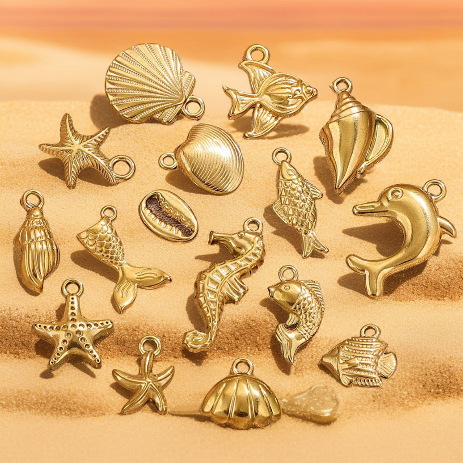 Picture of Vacuum Plating 304 Stainless Steel Ocean Jewelry Charms 18K Gold Plated Shell 3D