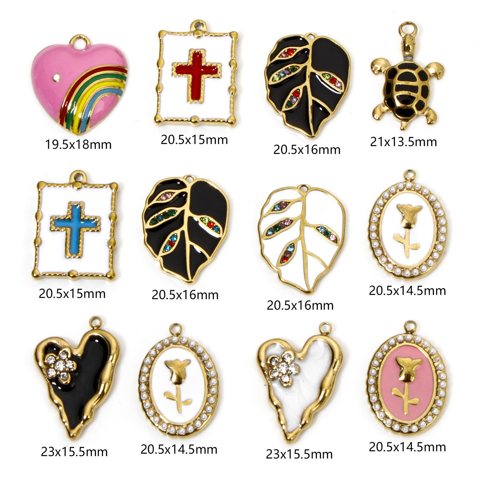 Picture of Vacuum Plating 304 Stainless Steel Elegant Charms Gold Plated Multicolor Oval Rose Flower Enamel