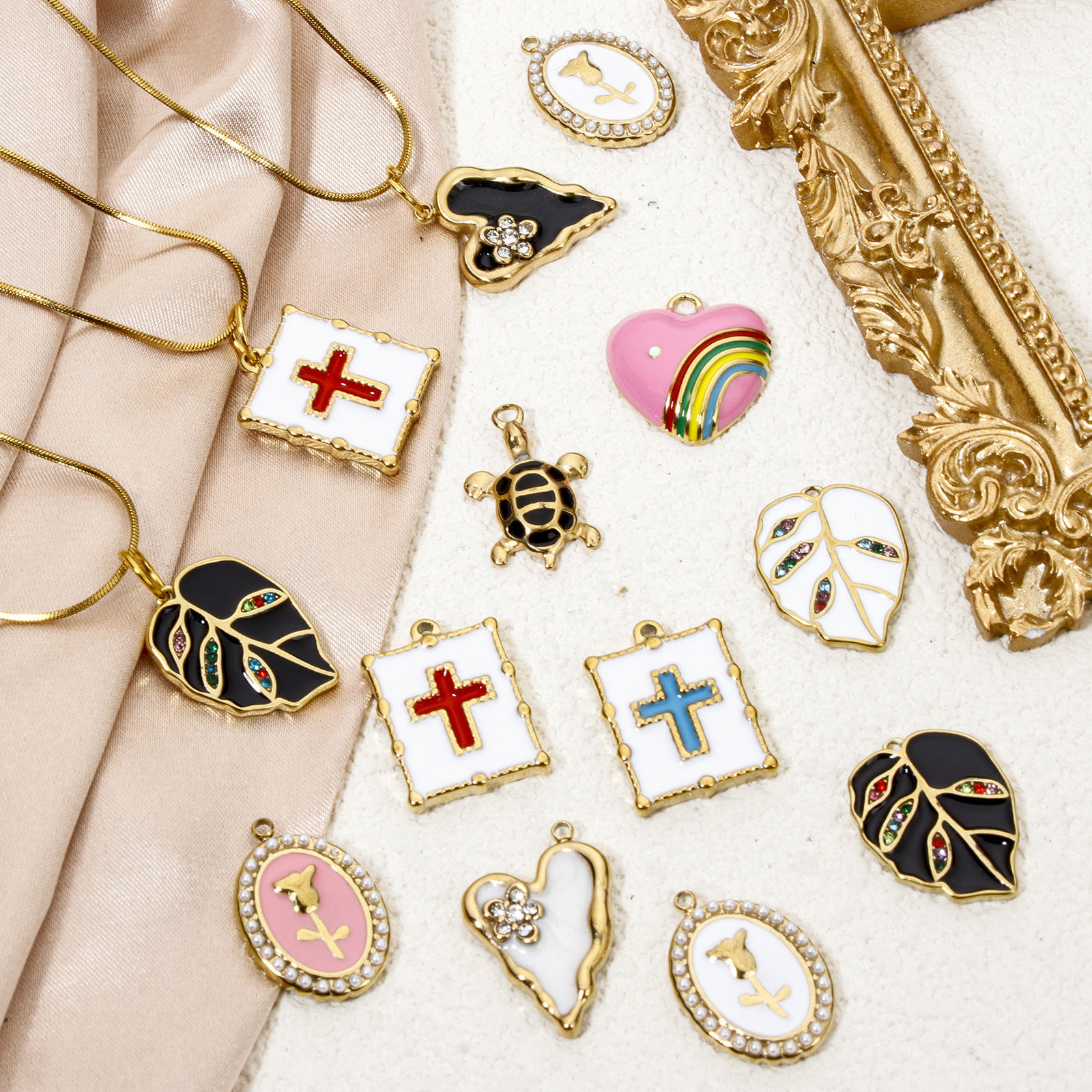 Picture of Vacuum Plating 304 Stainless Steel Elegant Charms Gold Plated Multicolor Oval Rose Flower Enamel