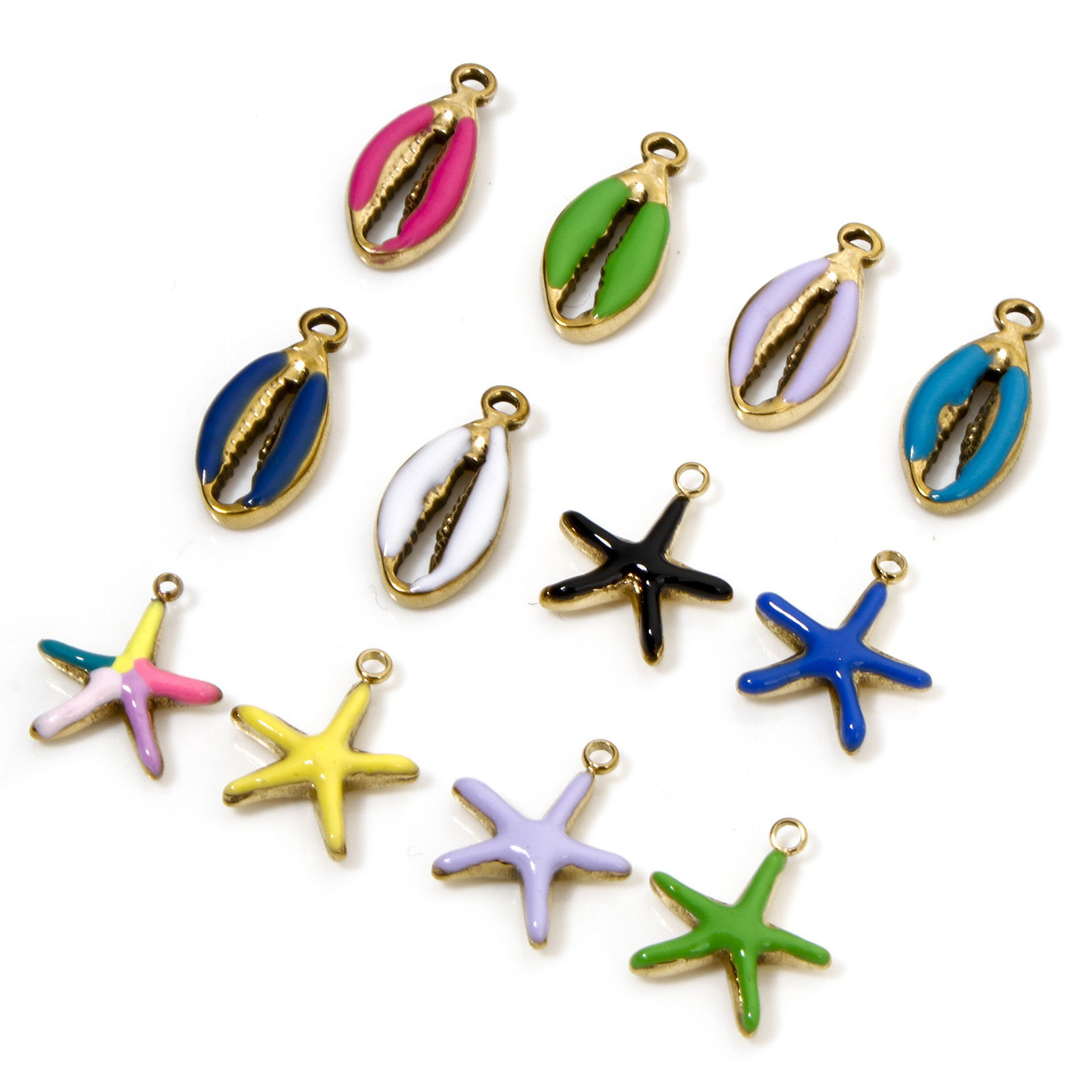Image de 2 Pcs Breloques en 304 Acier Inoxydable Placage sous Vide Bijoux d'Océan Coquille Doré Multicolore Etoile de Mer Émail