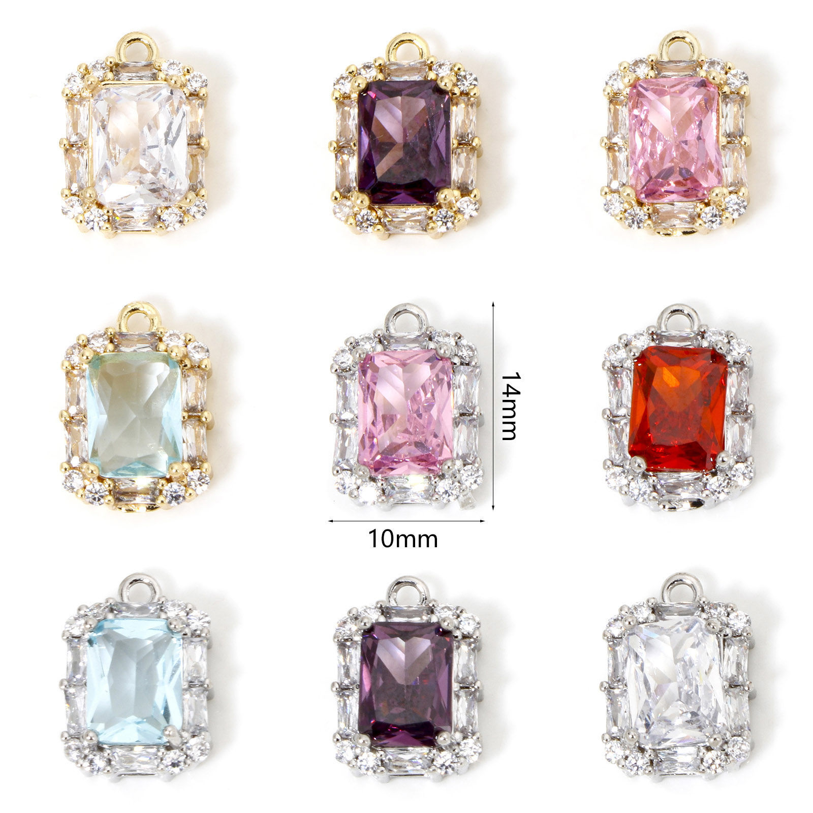 Bild von 1 Stück Umweltfreundlich Messing und Glas Micro Pave Charms Echtgold plattiert Rechteck Bunt Strass 14mm x 10mm