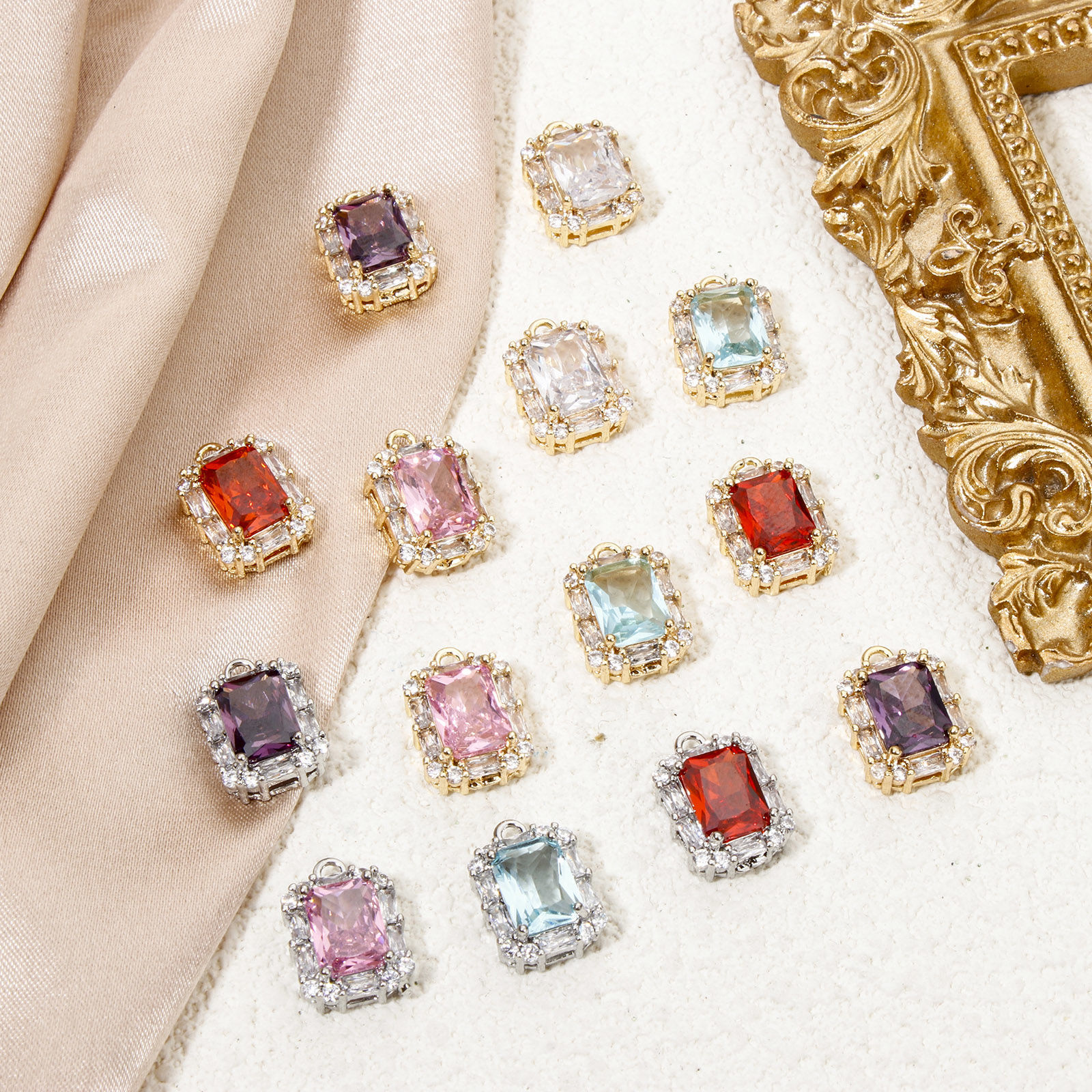 Bild von 1 Stück Umweltfreundlich Messing und Glas Micro Pave Charms Echtgold plattiert Rechteck Bunt Strass 14mm x 10mm