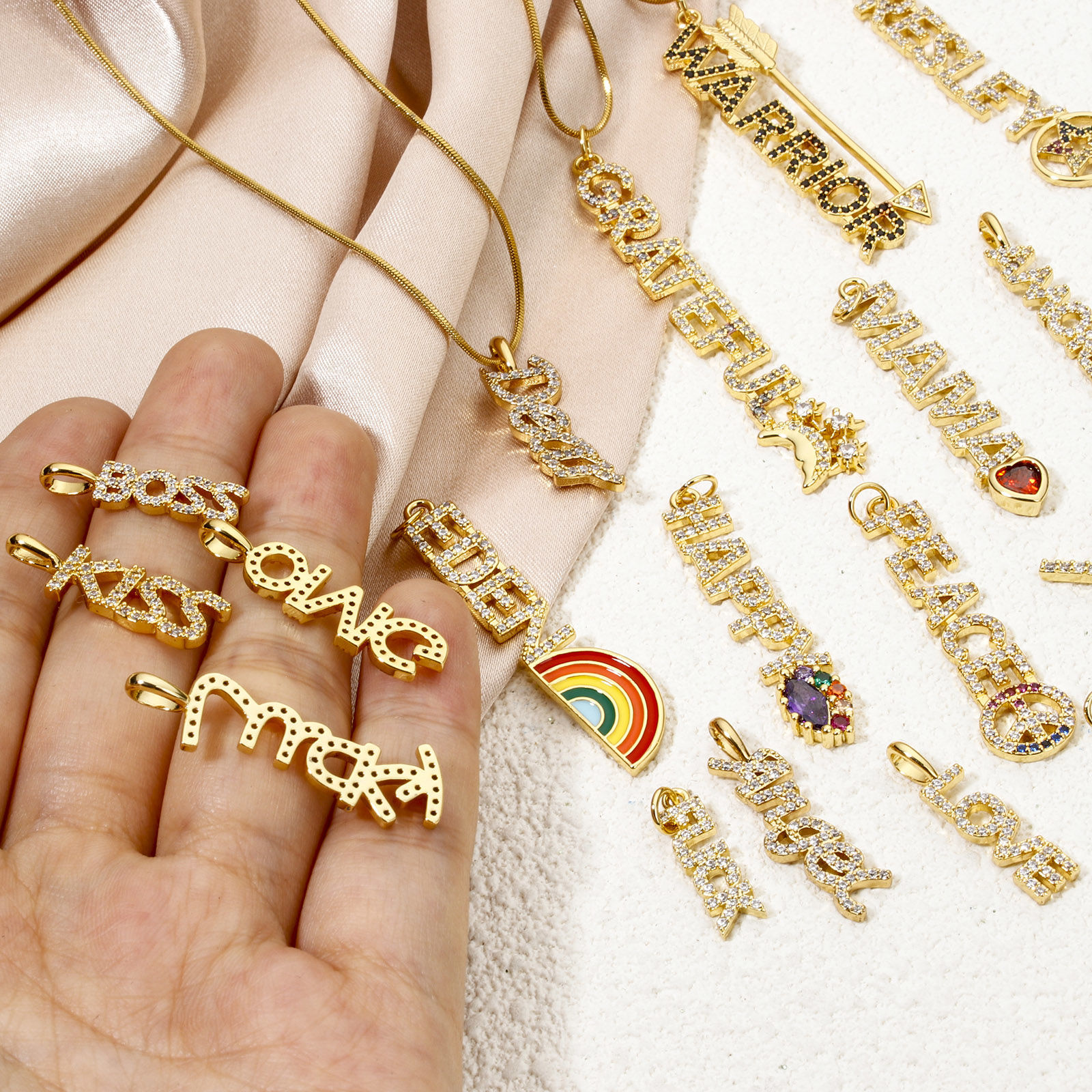 Picture of Eco-friendly Brass Charms 18K Real Gold Plated Message Micro Pave Clear Cubic Zirconia