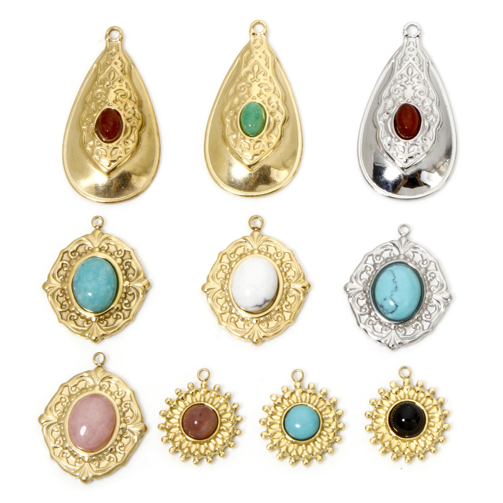 Bild von 1 Stück Umweltfreundliche Vakuumbeschichtung 304 Edelstahl & Stein Böhmischer Stil Charms Oval Bunt Bunt Geschnitzte Muster