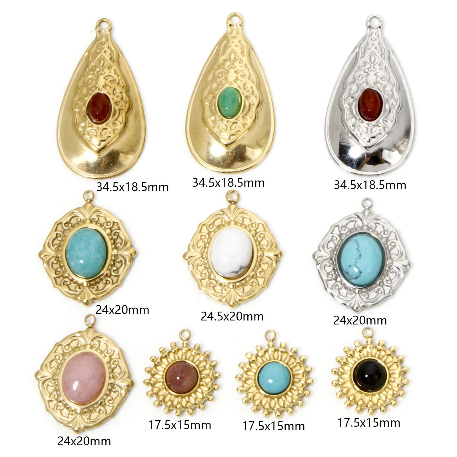 Bild von 1 Stück Umweltfreundliche Vakuumbeschichtung 304 Edelstahl & Stein Böhmischer Stil Charms Oval Bunt Bunt Geschnitzte Muster