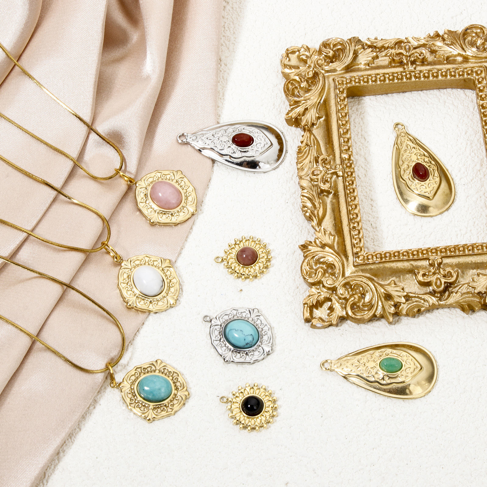 Bild von 1 Stück Umweltfreundliche Vakuumbeschichtung 304 Edelstahl & Stein Böhmischer Stil Charms Oval Bunt Bunt Geschnitzte Muster