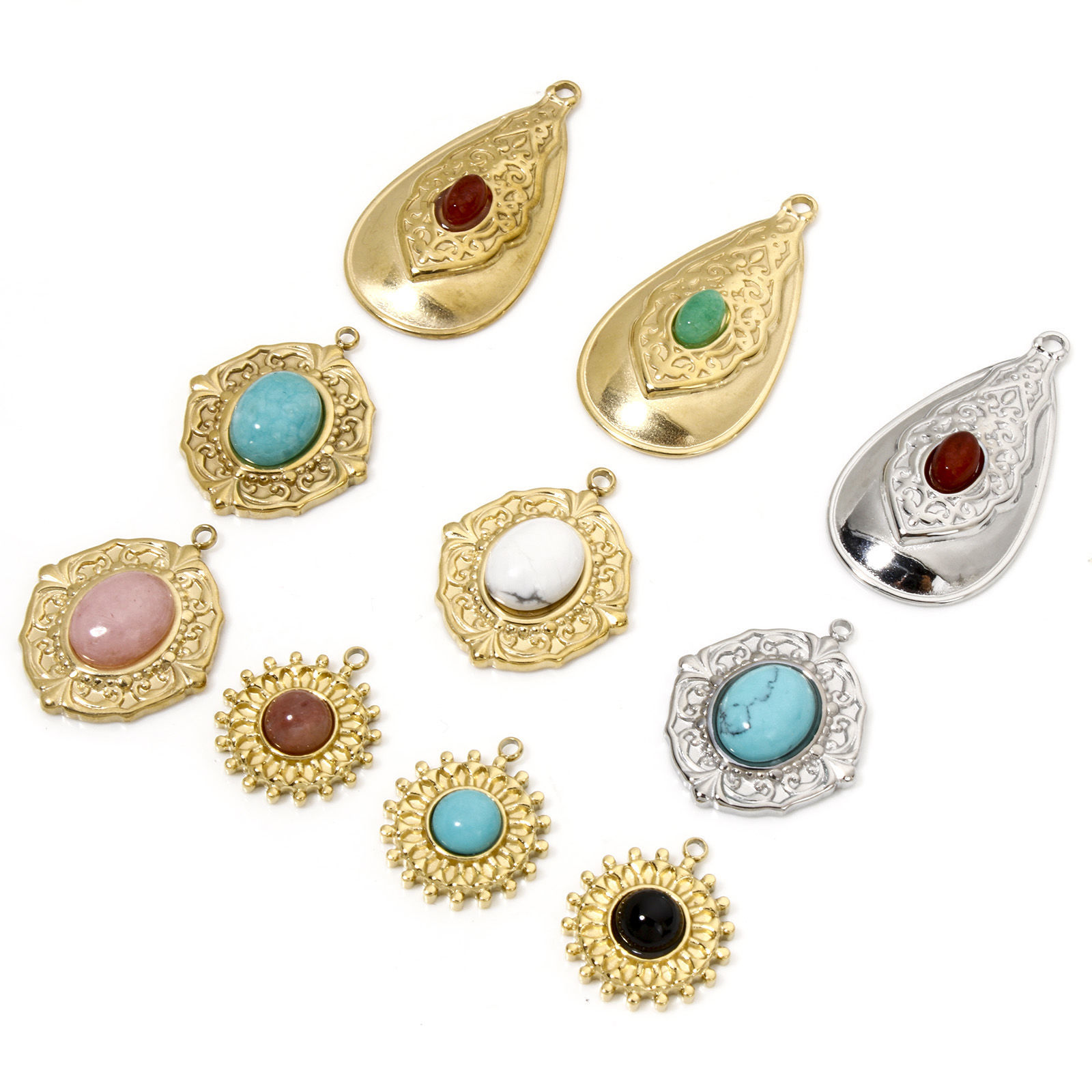 Bild von 1 Stück Umweltfreundliche Vakuumbeschichtung 304 Edelstahl & Stein Böhmischer Stil Charms Oval Bunt Bunt Geschnitzte Muster