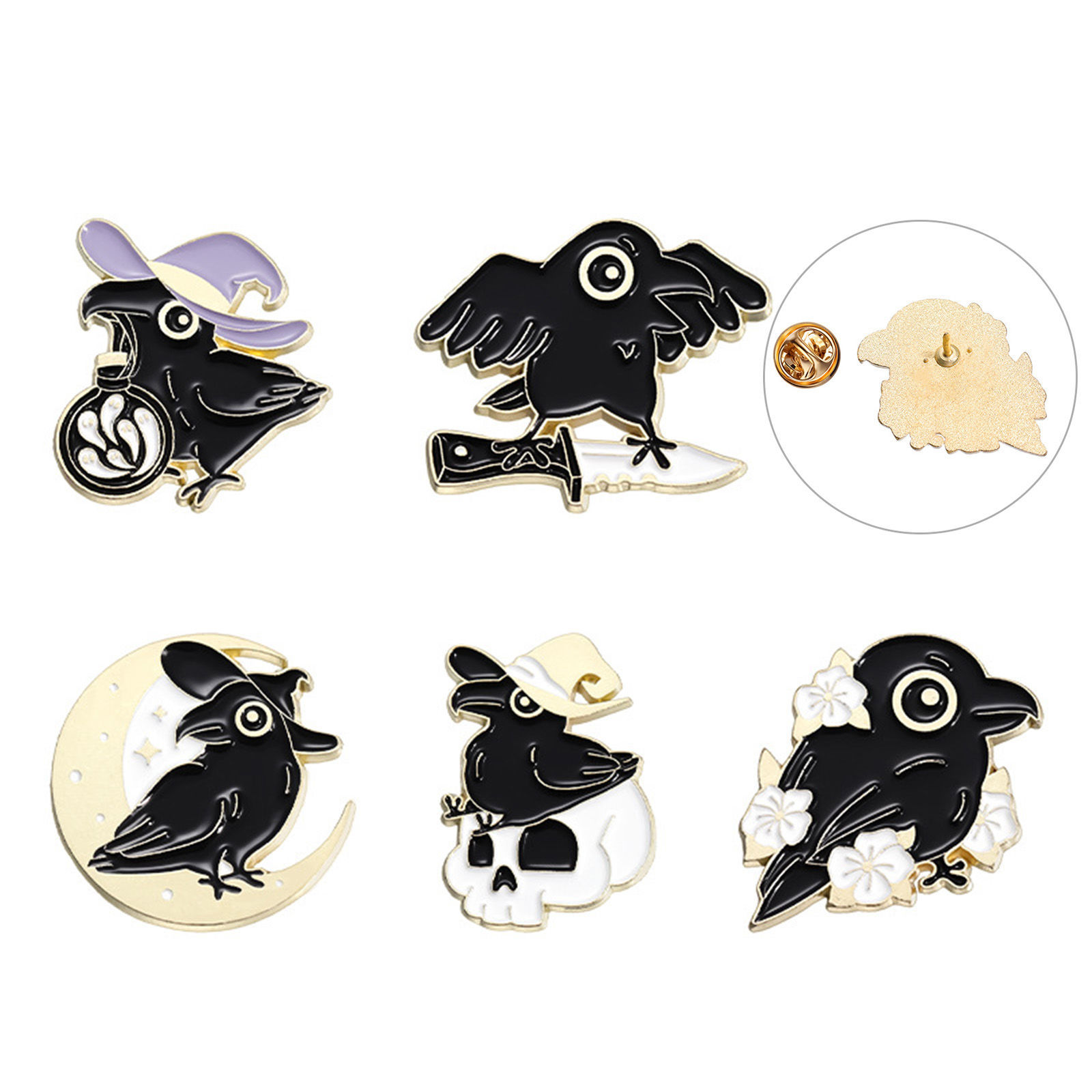 Imagen de 1 Unidad Punk Pin Broches Cuervo Halloween Fantasma Chapado en Oro Negro Esmalte