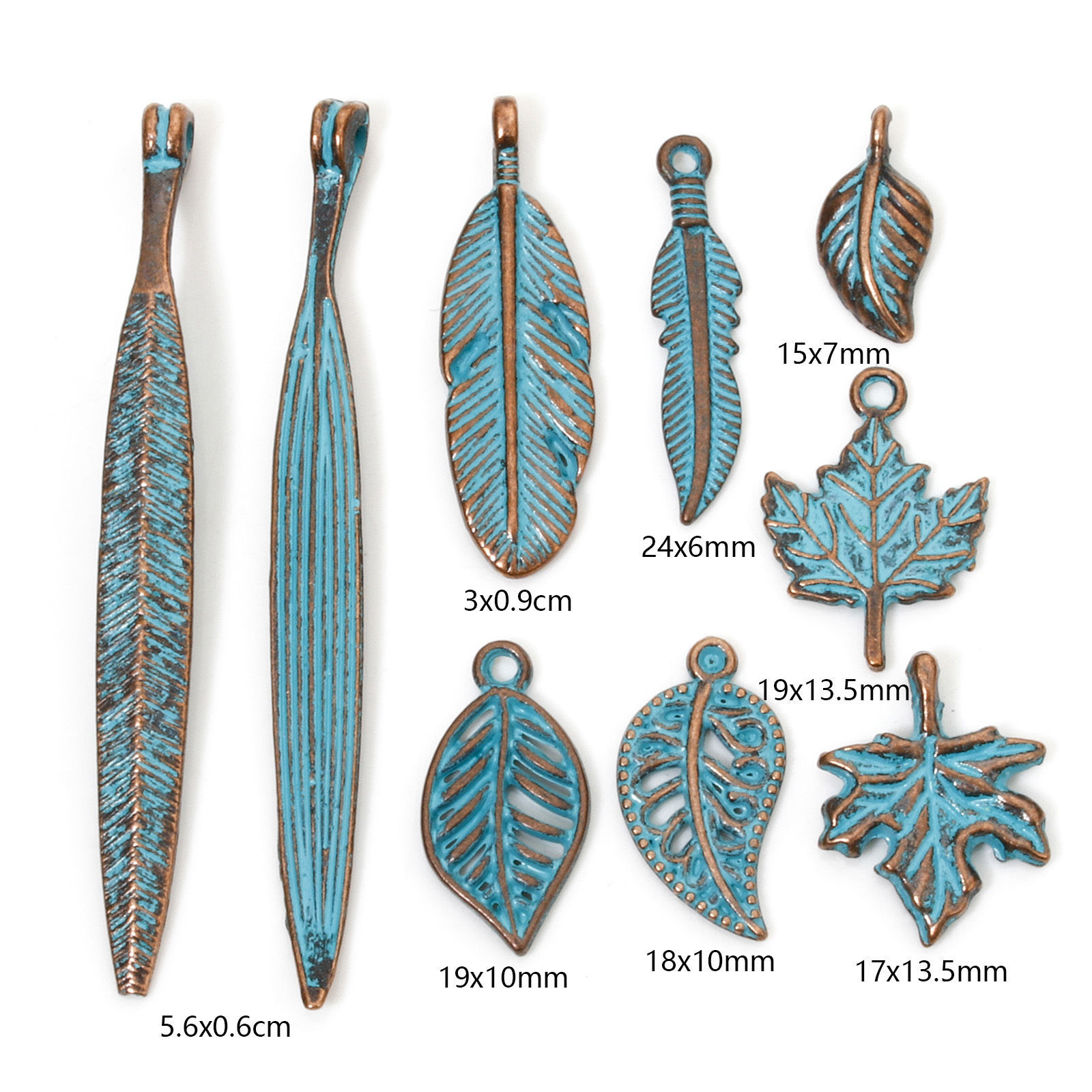 Image de 50 Pcs Breloques Patine en Alliage de Zinc Cuivre Rouge Antique Bleu Feuille Plumes