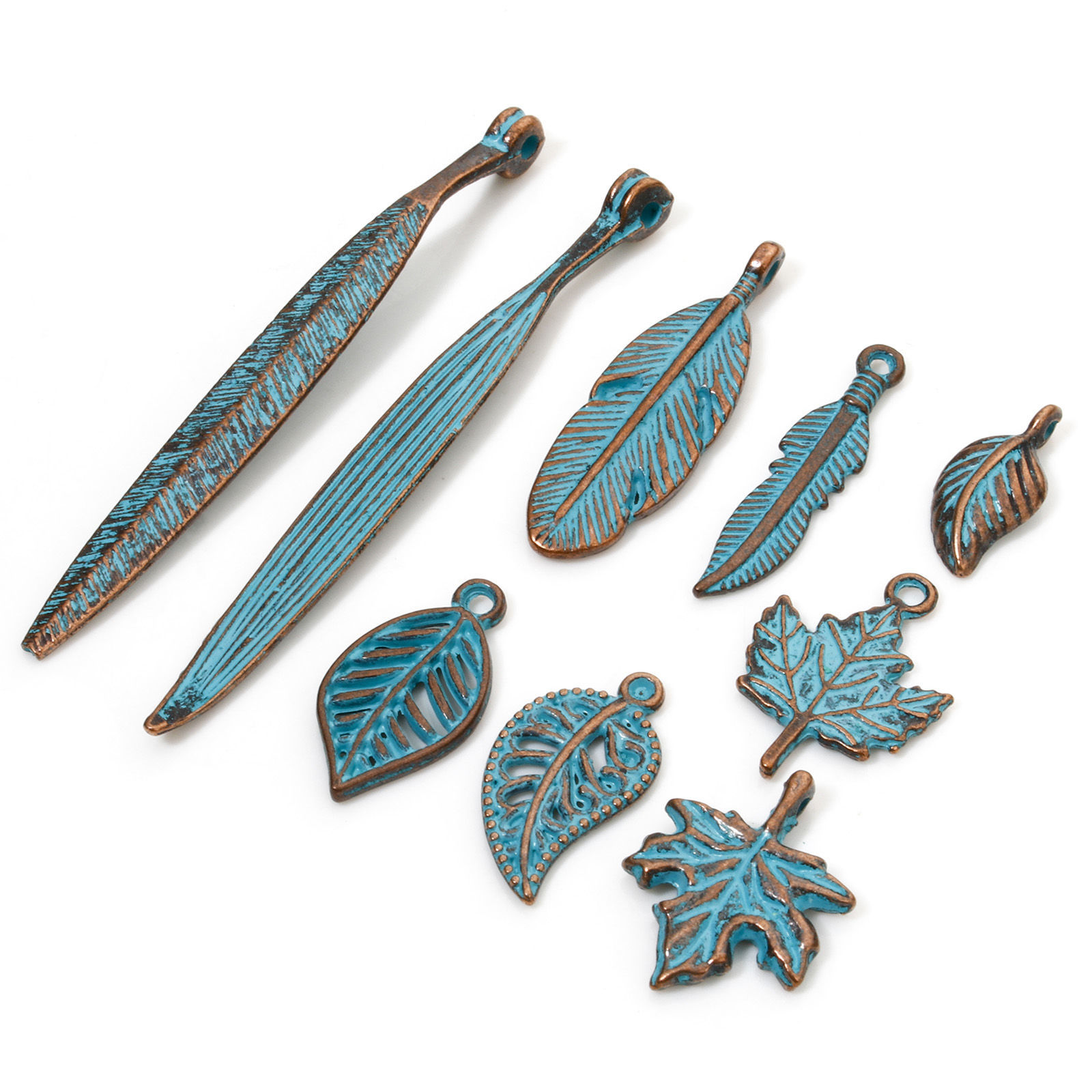 Image de 50 Pcs Breloques Patine en Alliage de Zinc Cuivre Rouge Antique Bleu Feuille Plumes