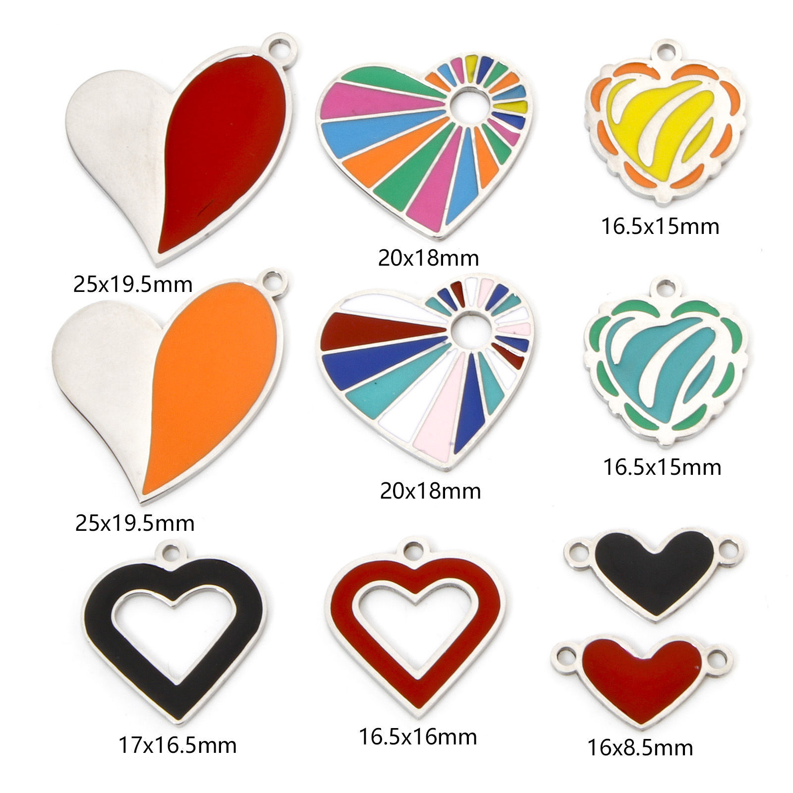 Image de 2 Pcs Breloques en 304 Acier Inoxydable Respectueux de la Nature La Saint Valentin Cœur Argent Mat Multicolore Émail