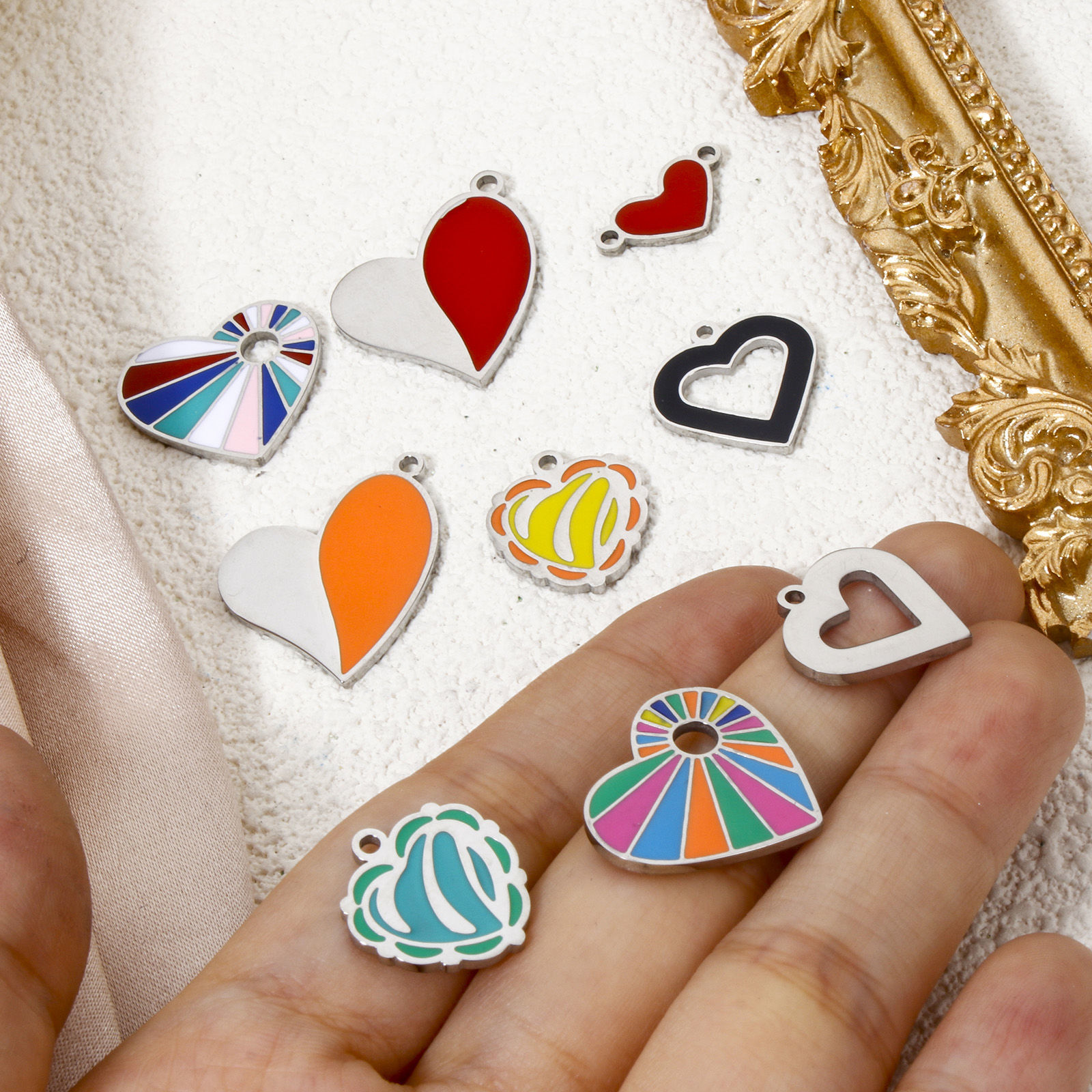 Image de 2 Pcs Breloques en 304 Acier Inoxydable Respectueux de la Nature La Saint Valentin Cœur Argent Mat Multicolore Émail